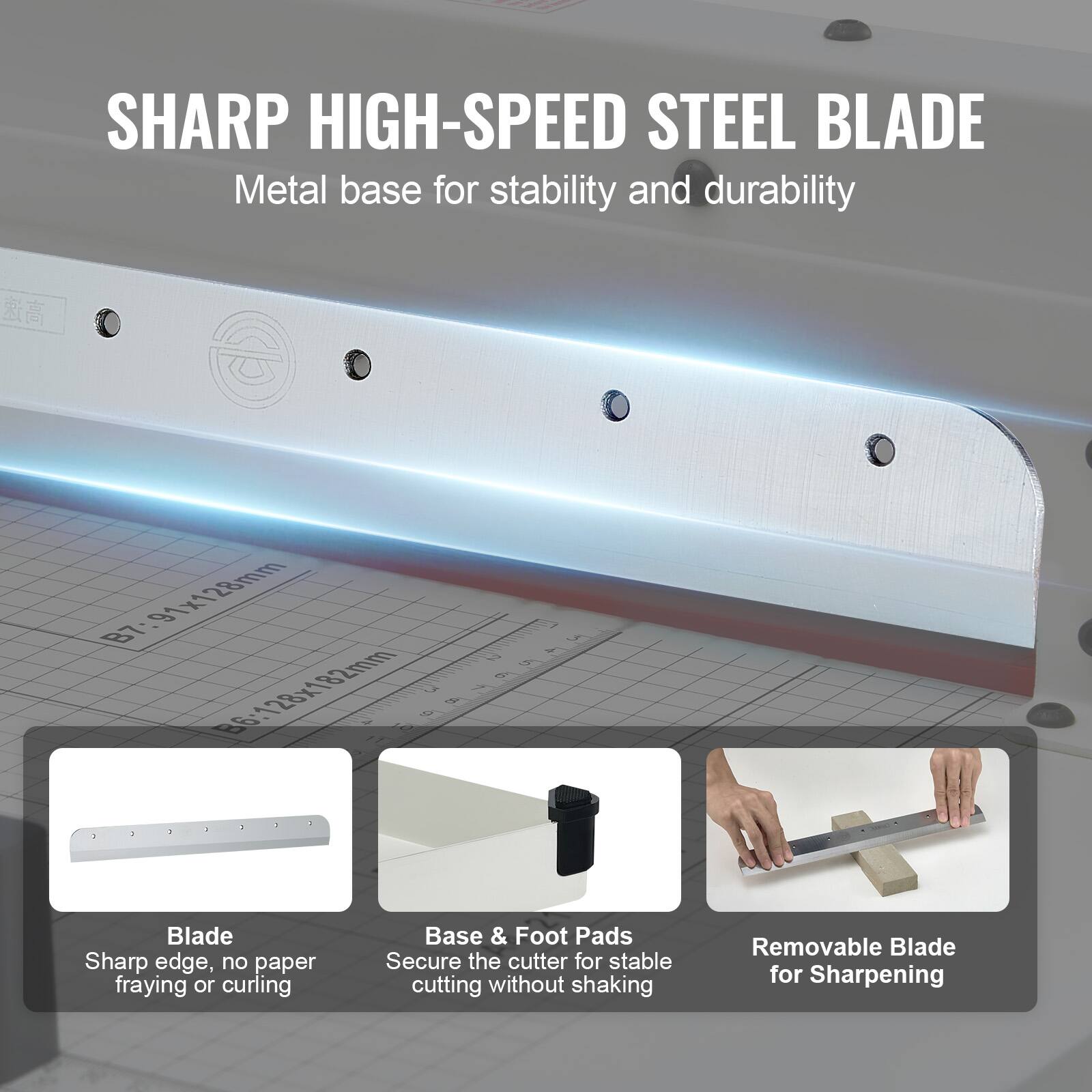 SHARP HIGH-SPEED STEEL BLADE  
Metal base for stability and durability  

B7: 91x128mm  
B7 S 12 - E6: 128x182mm  

Blade  
Sharp edge, no paper fraying or curling  

Base & Foot Pads  
Secure the cutter for stable cutting without shaking  

Removable Blade for Sharpening