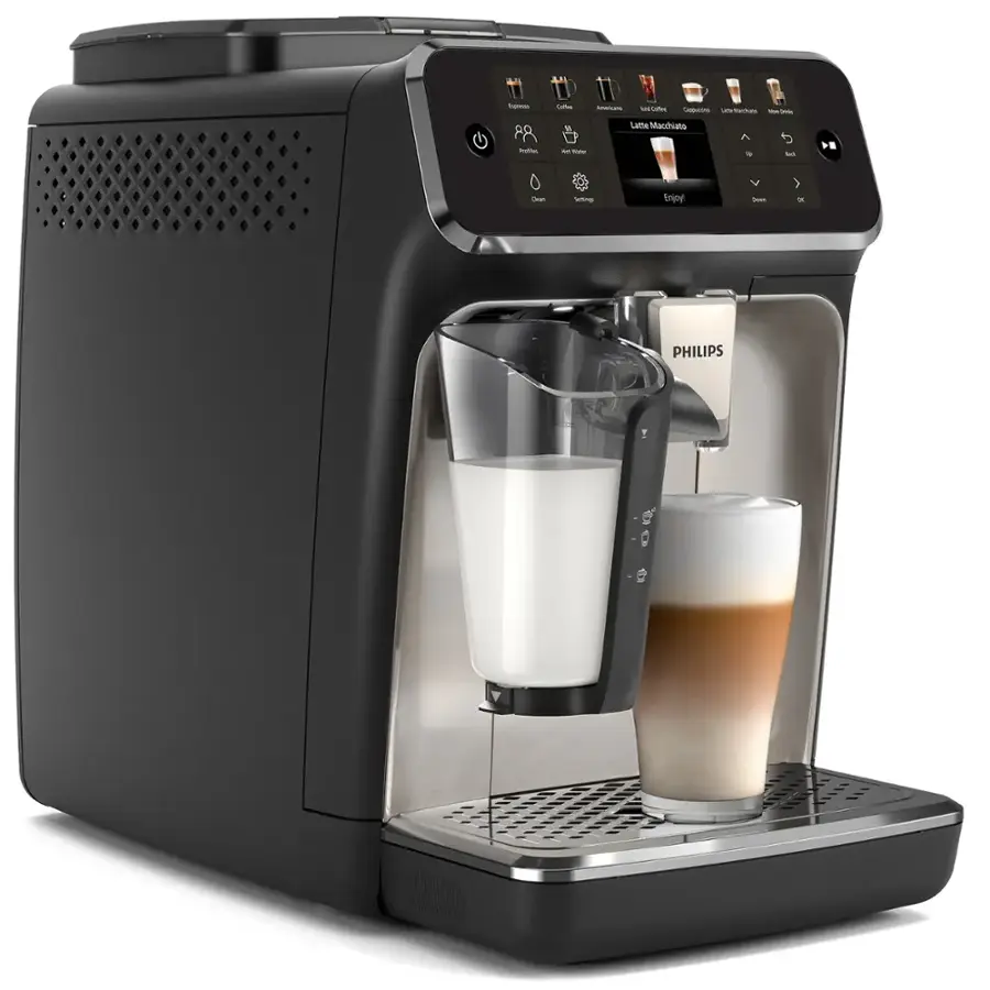 The image features a black coffee maker with a glass of milk and a glass of coffee inside. The coffee maker is a Philips brand, and it is likely that the coffee is a macchiato. The coffee maker is placed on a counter, and it appears to be a modern and sleek design.