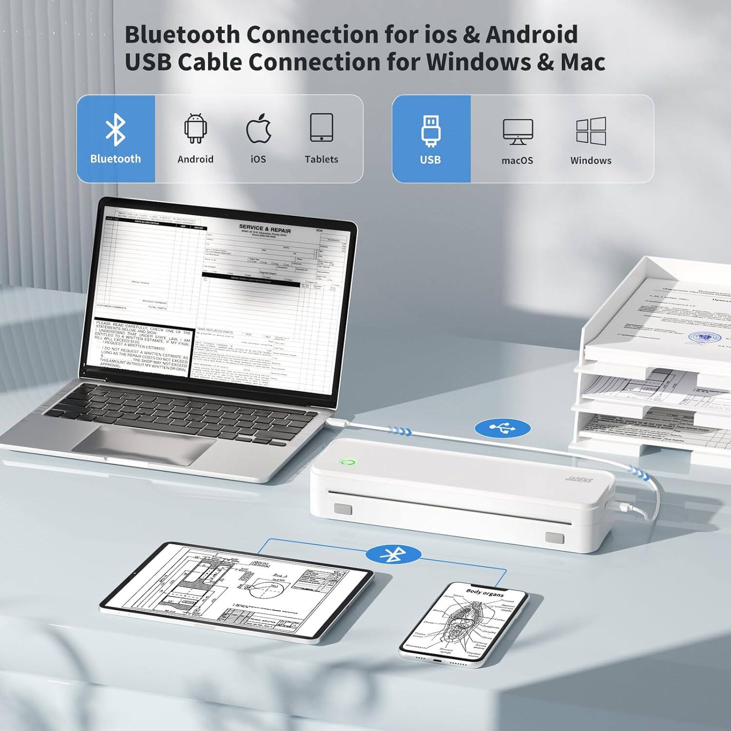 Bluetooth Connection for iOS & Android  
USB Cable Connection for Windows & Mac  

Bluetooth  
Android  
iOS  
Tablets  
USB  
macOS  
Windows  

Service & Repair