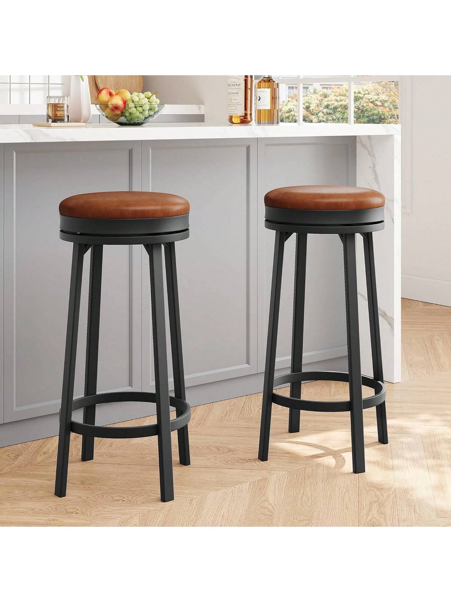 Front. GARVEE - 30" Swivel Bar Stools Set of 2 with Footrest, Modern Counter Height Barstools with PU Leather Upholstered, Brown - Brown.