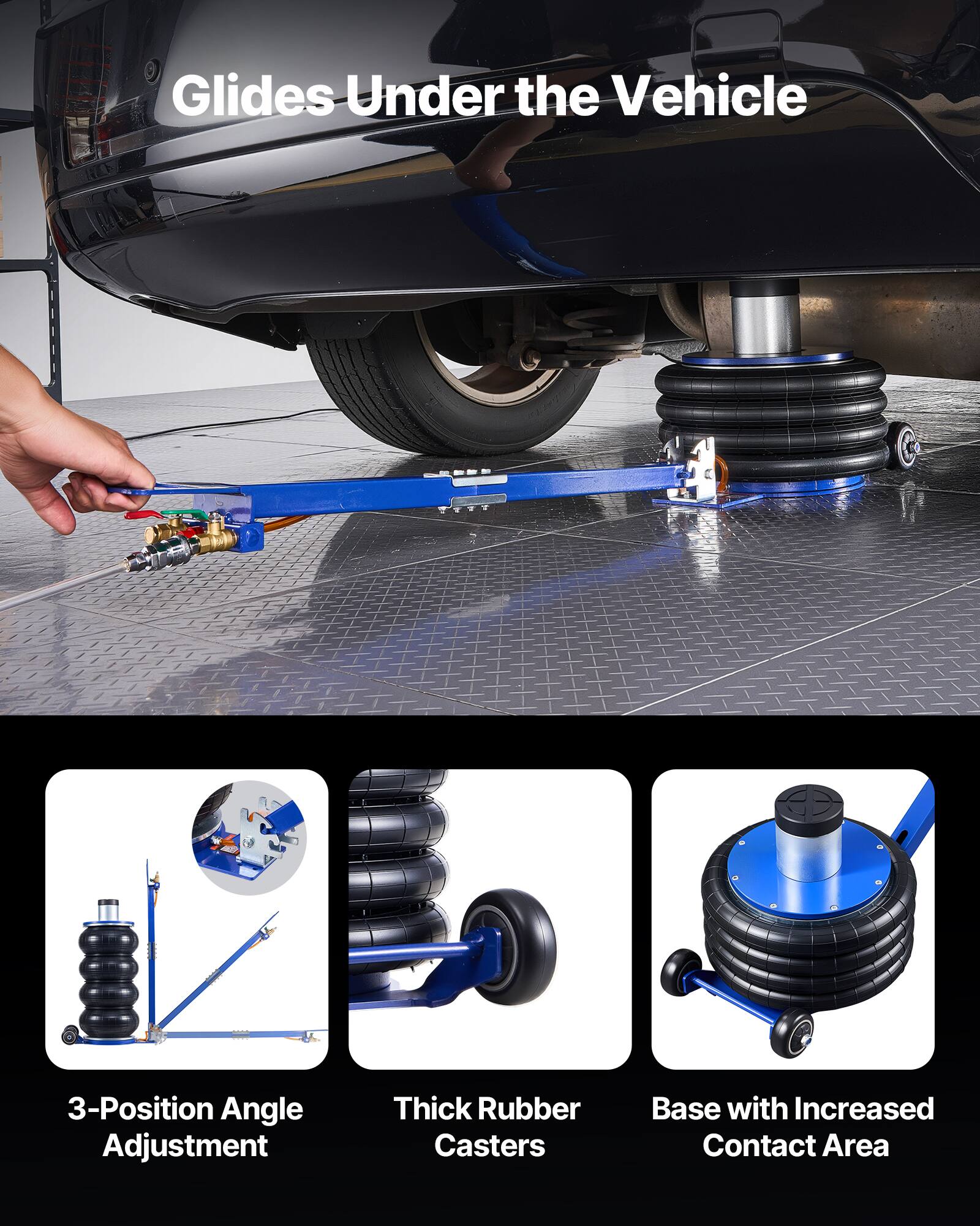 Glides Under the Vehicle

3-Position Angle Adjustment

Thick Rubber Casters

Base with Increased Contact Area