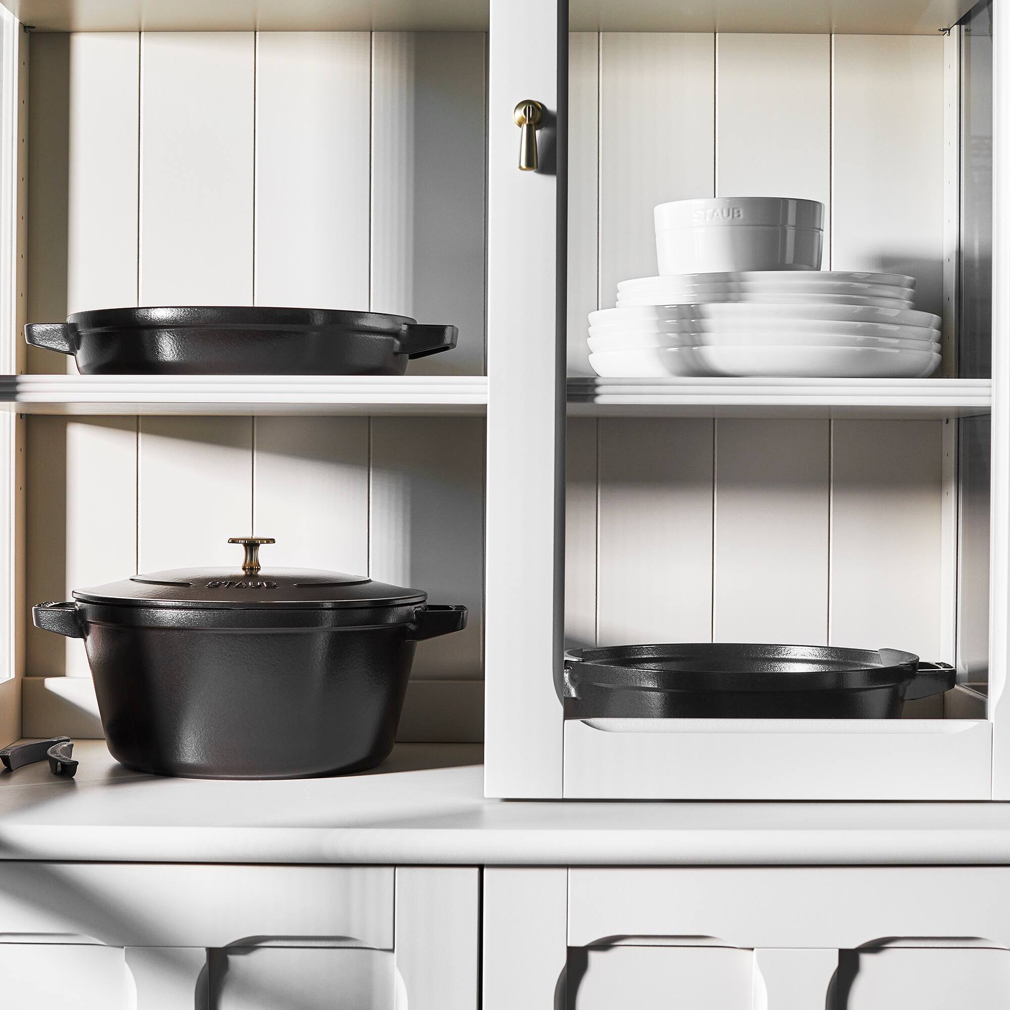 Alt View 2. Staub - STAUB Cast Iron Set 4-pc, Stackable Space-Saving Cookware Set, Dutch Oven with Universal Lid, Made in France, Matte Blac - Black.