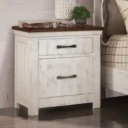 Loheer - Solid Wood Nightstand Distressed White Finish with Two Drawers - Brown and Distressed White with Walnut