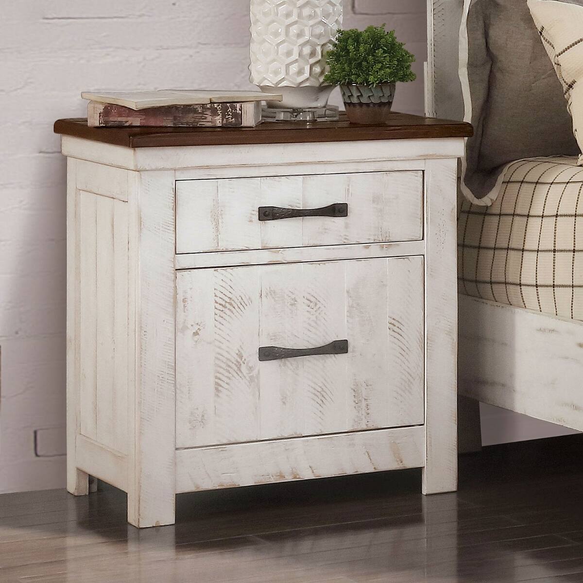 Front. Loheer - Loheer Solid Wood Nightstand Distressed White Finish with Two Drawers - Brown and Distressed White with Walnut.