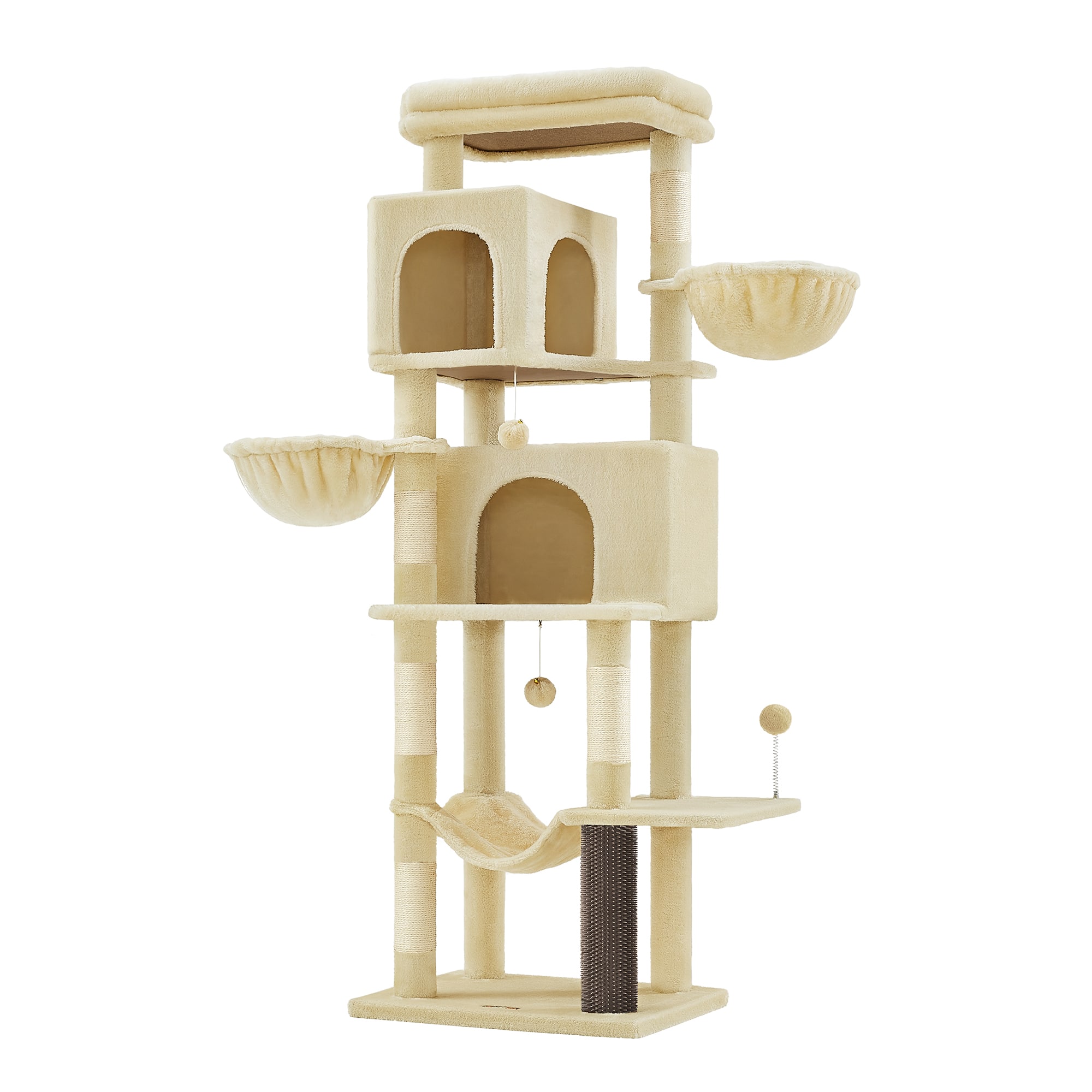 Songmics Home - Cat Tree, 68.5-Inch Tall Cat Tower, Multi-Level Plush Condo with 2 Caves, 2 Baskets, 5 Scratching Posts, Self-Groomer - Sand Beige