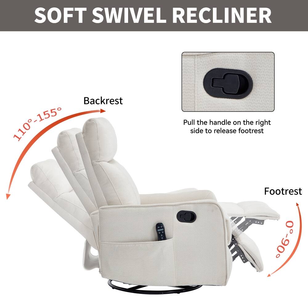 SOFT SWIVEL RECLINER

Backrest 110-155°

Pull the handle on the right side to release footrest

Footrest 0-90°