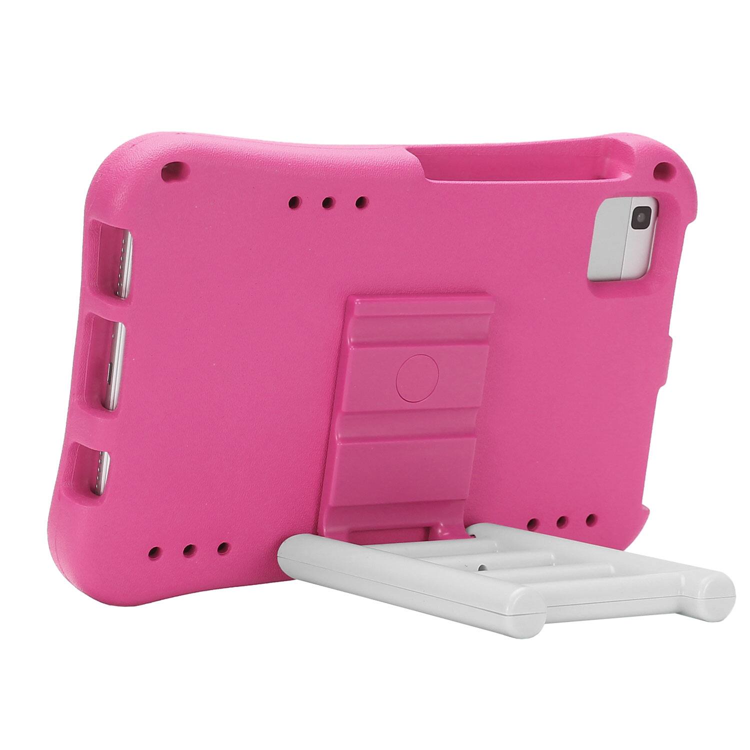 The image shows a pink tablet case with a white stand attached to it.