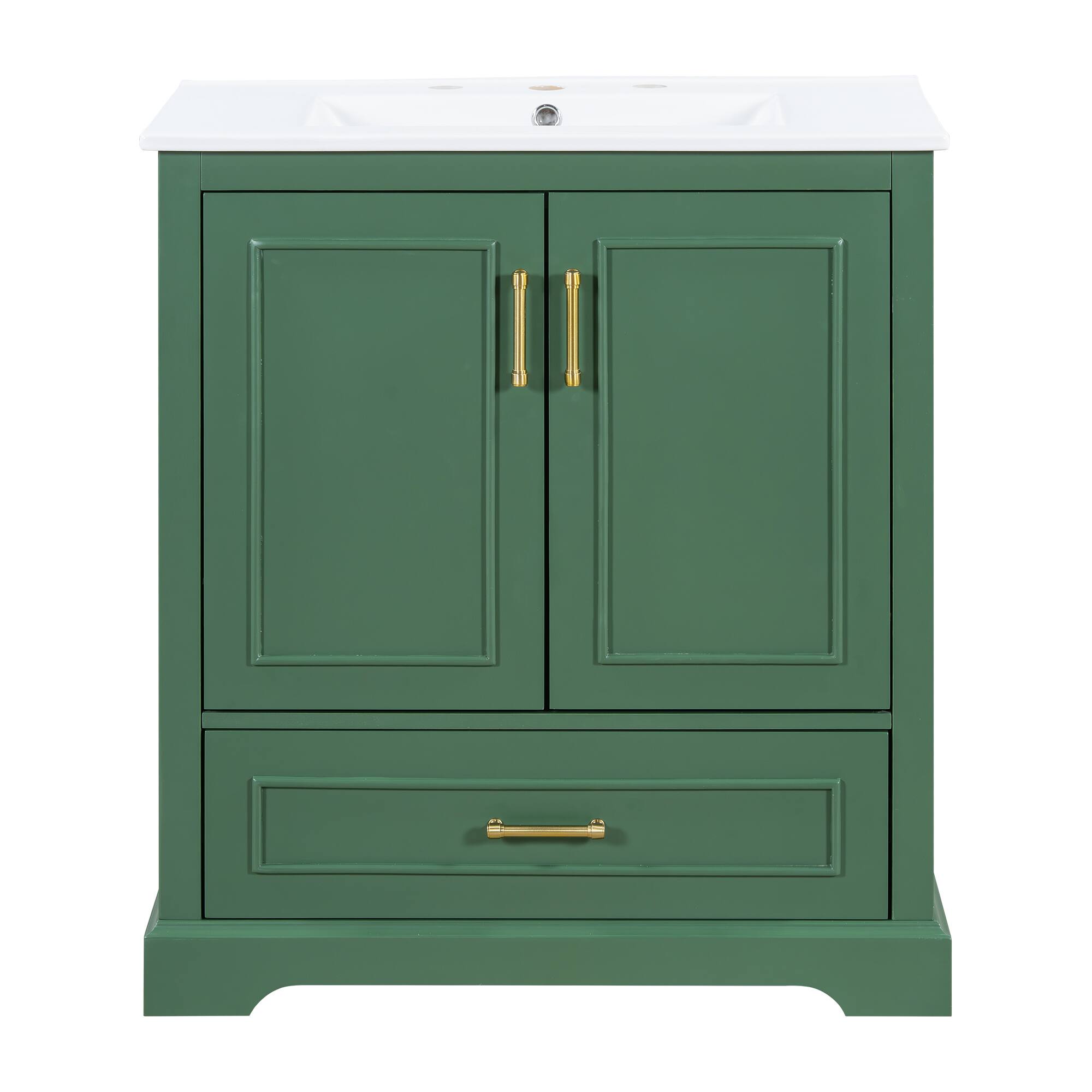 Back. Whisen - 30" Freestanding Bathroom Vanity with Sink, 1 Divider Drawer and 2 Soft-close Doors (Double Shelf on Door) - Green.