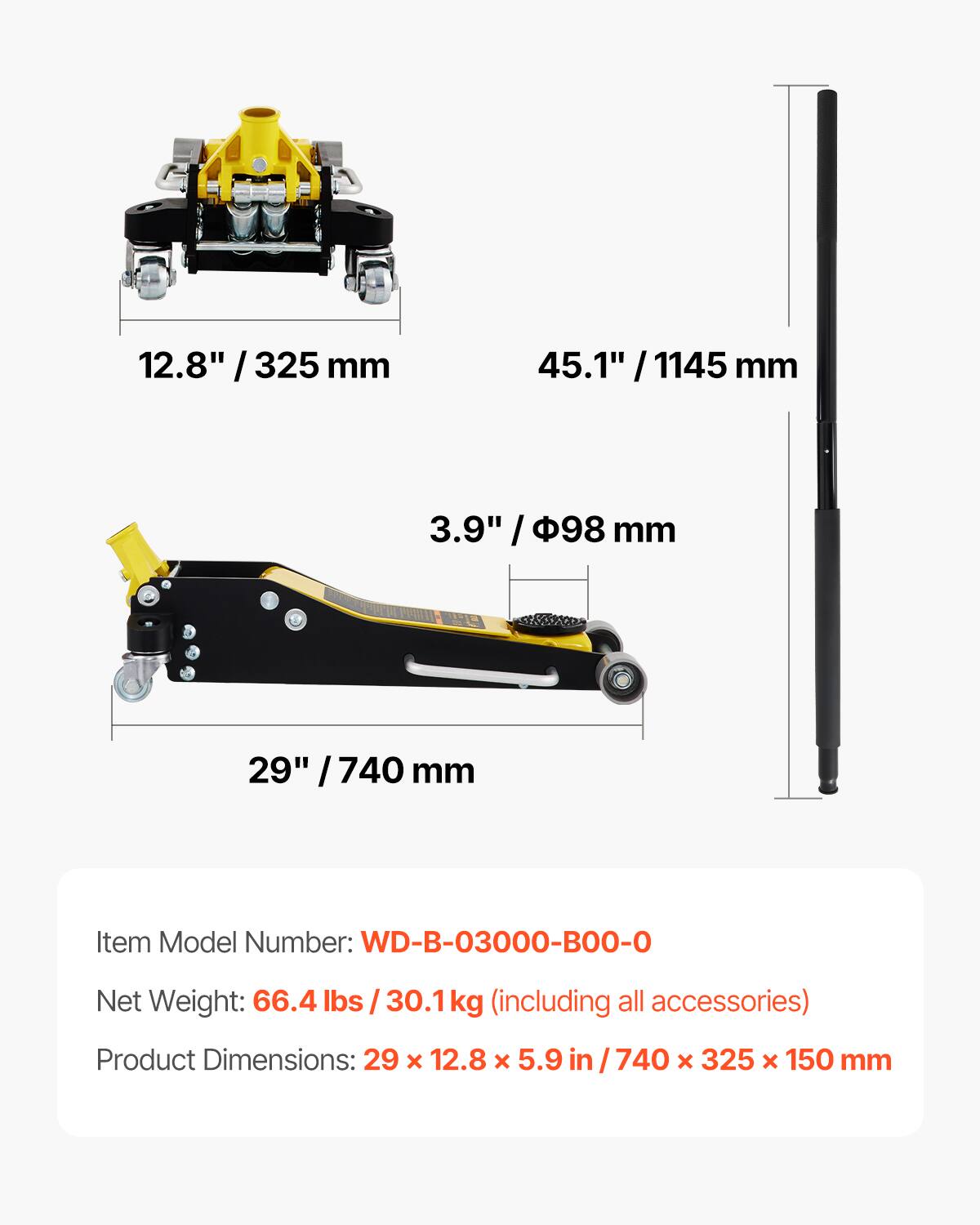 12.8" / 325 mm  
45.1" / 1145 mm  
3.9" / 98 mm  
29" / 740 mm  

Item Model Number: WD-B-03000-B00-0  
Net Weight: 66.4 lbs / 30.1 kg (including all accessories)  
Product Dimensions: 29 x 12.8 x 5.9 in / 740 x 325 x 150 mm