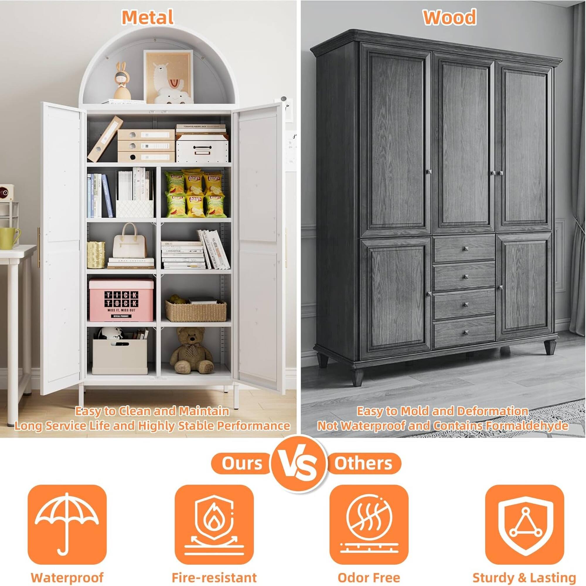 Metal Wood

Easy to Clean and Maintain
Long Service Life and Highly Stable Performance

Ours
Waterproof
Fire-resistant

Others
Easy to Mold and Deformation
Not Waterproof and Contains Formaldehyde
Odor Free
Sturdy & Lasting