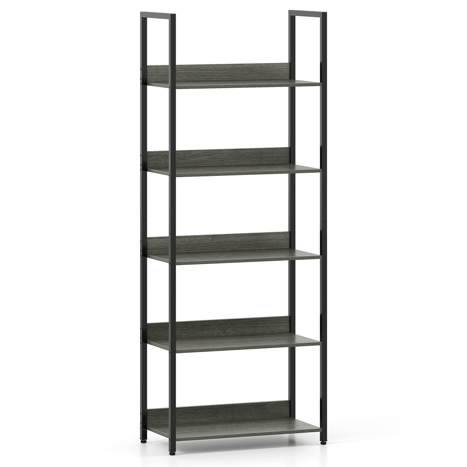 Alt View 9. Costway - Costway 1 PCS 5-Tier Bookshelf, Tall Wooden Open Bookcase with Back Panels and Metal Frame - Rustic Gray + Black.