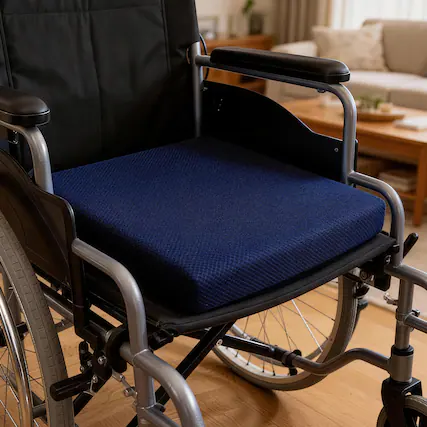 Front. KERDOM - 2 inches Thick 32D Memory Foam Wheelchair Seat Cushion - 17"×17"×2", Pressure Relief, Electric Wheelchair Accessories - Navy Blue.