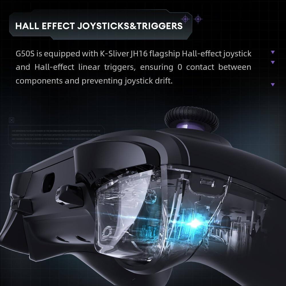HALL EFFECT JOYSTICKS & TRIGGERS

G50S is equipped with K-Silver JH16 flagship Hall-effect joystick and Hall-effect linear triggers, ensuring 0 contact between components and preventing joystick drift.