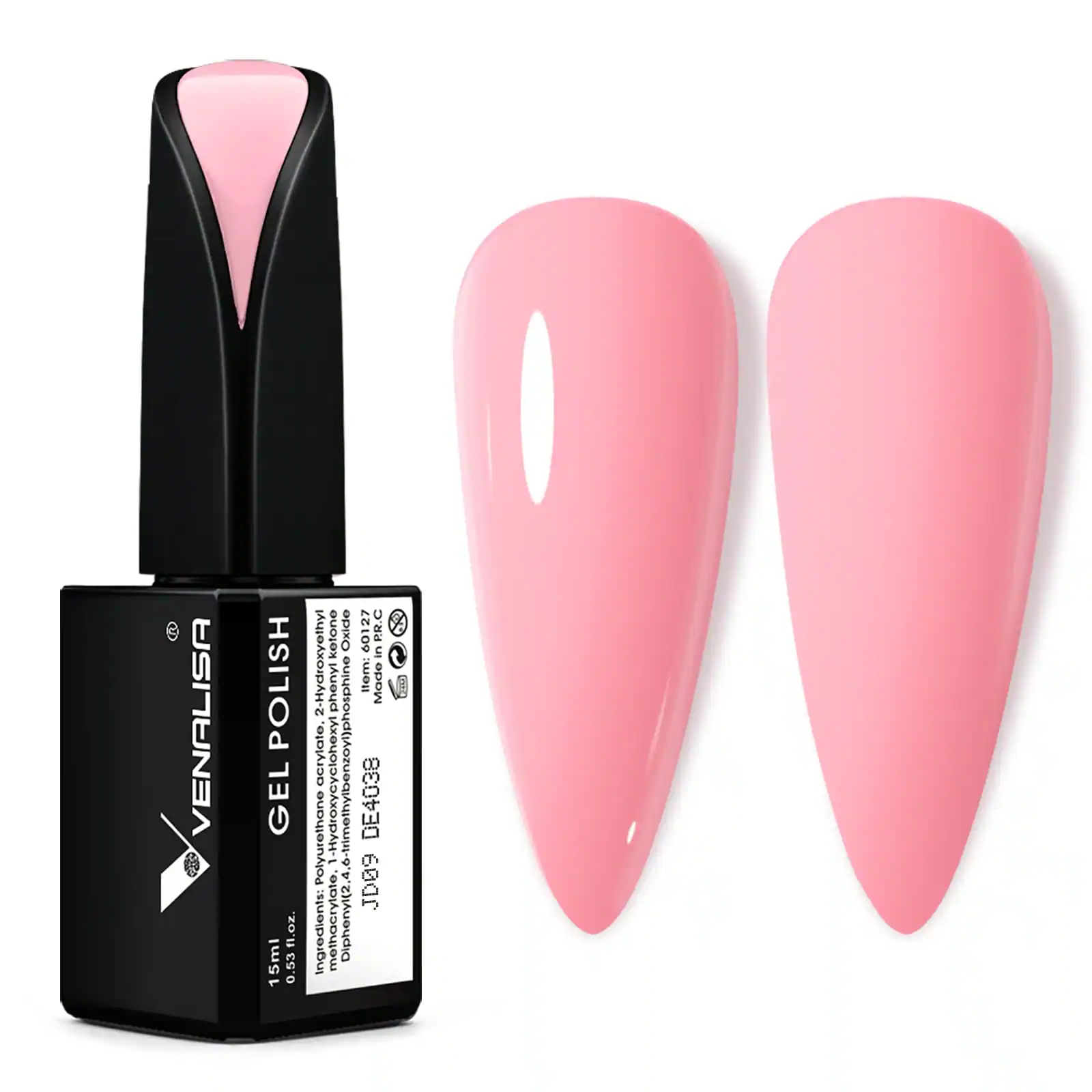 VENALISA  
GEL POLISH  

Ingredients:  
Polyurethane 2-Hydroxyethyl acrylate, Methacrylate, Cyclohexyl phenyl Diphenyl(2,4-dimethylbenzoyl)phosphine oxide  

15ml  
0.53 fl.oz.  

Made in Poland  
DE4038  
JD09  

Mode S  
E 15ml  
0.53 fl.oz.  

VENALISA  
GEL POLISH  

Ingredients:  
Polyurethane 2-Hydroxyethyl acrylate, Methacrylate, Cyclohexyl phenyl Diphenyl(2,4-dimethylbenzoyl)phosphine oxide  

15ml  
0.53 fl.oz.  

Made in Poland  
DE4038  
JD09  

Mode S  
E 15ml  
0.53 fl.oz.