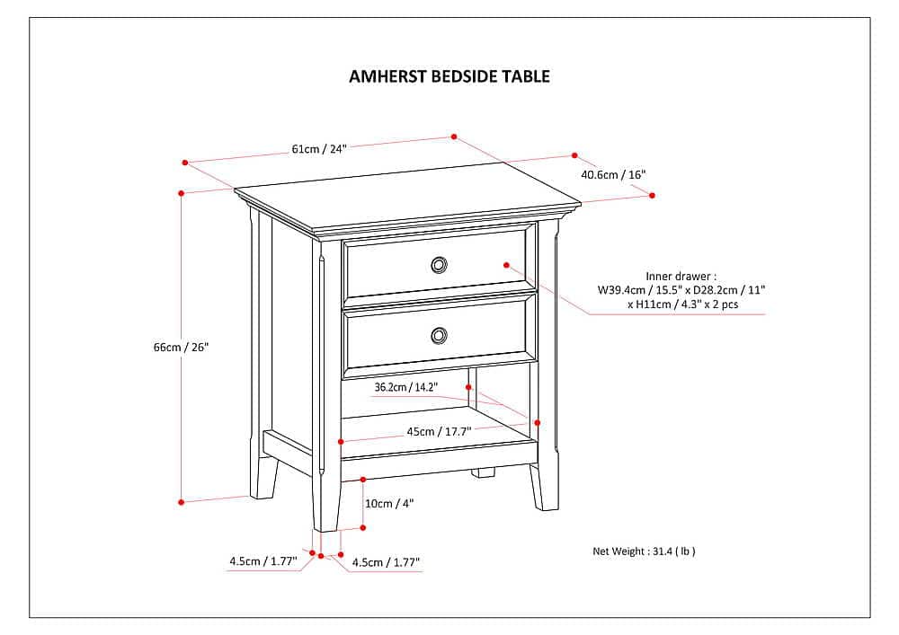 The image features a bedside table with a drawer and a table top. The table is designed to be 61cm (24") tall, with a 16" inner drawer. The dimensions of the table are 26" (66cm) wide and 14.2" (36.2cm) deep. The table also has a 4.5" (10cm) thickness. The net weight of the table is 31.4 pounds (lb).