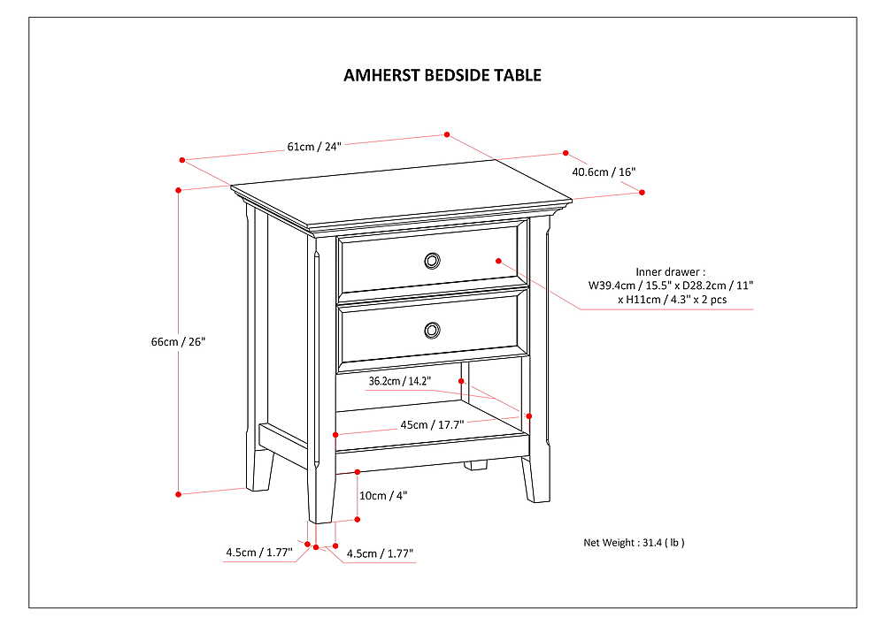 The image features a bedside table with a drawer and a table top. The table is designed to be 61cm (24") tall, with a 16" inner drawer. The dimensions of the table are 26" (66cm) wide and 14.2" (36.2cm) deep. The table also has a 4.5" (10cm) thickness. The net weight of the table is 31.4 pounds (lb).