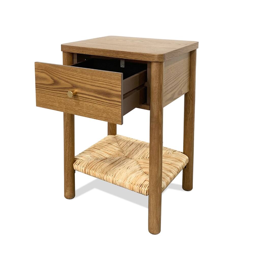 Alt View 9. Loheer - Loheer Walnut Nightstand Solid Wood End Table with Drawer Jute Shelf Rounded Edge Bedside Table for Bedroom Living Room - Walnut.