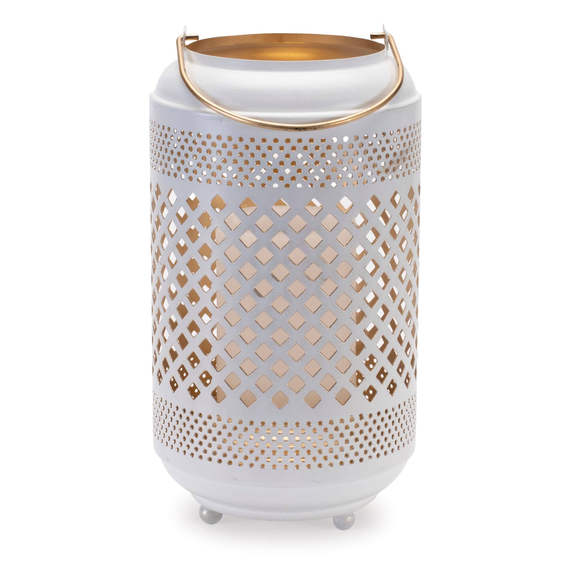 Angle. BreeBe - Lattice Punched Metal Lantern with Gold Accent 13.75"H - White, Gold.