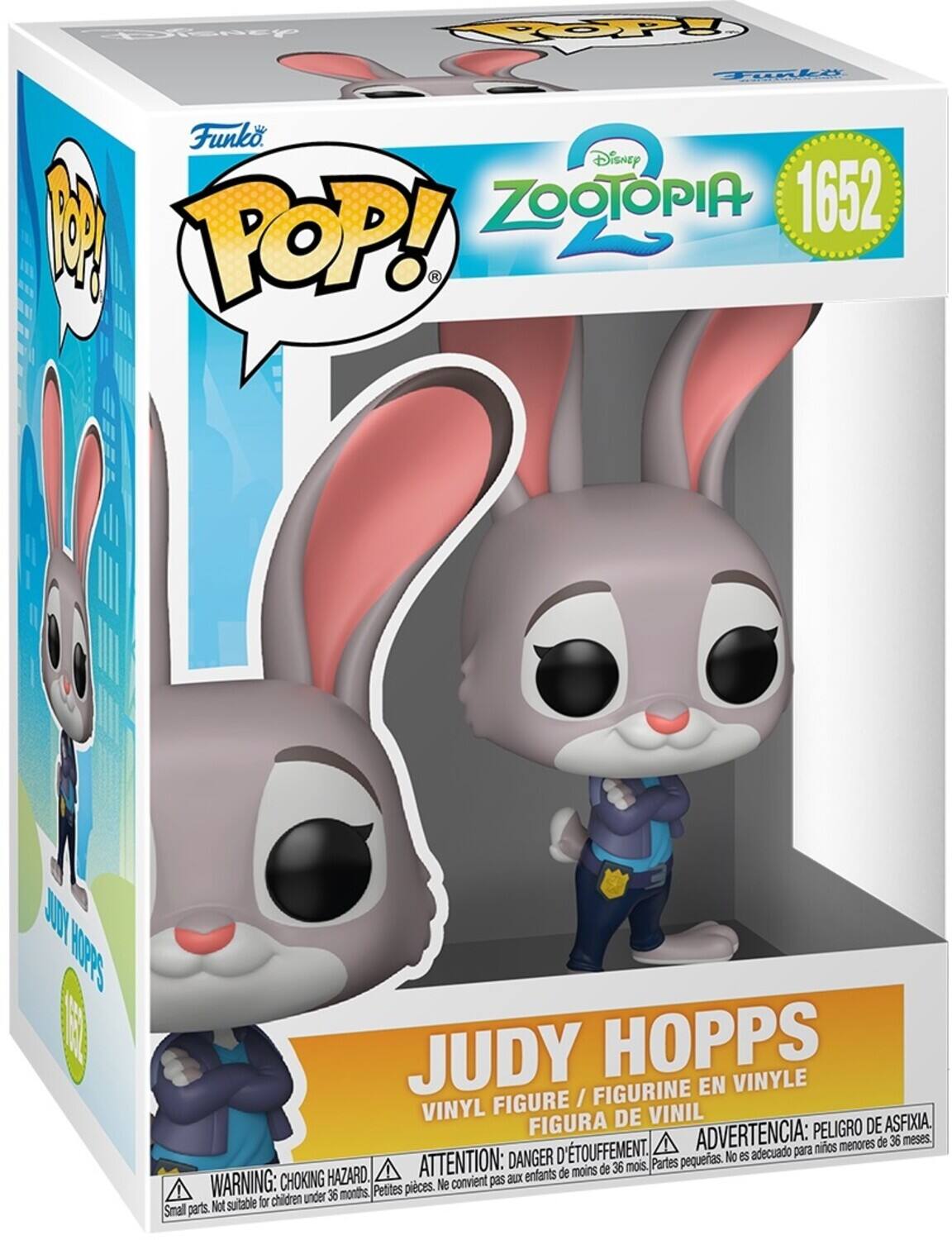 Sure, here is the corrected and grouped text from the image:

---

**Funko POP!**

**Disney Zootopia**

**1652**

**JUDY HOPPS**

**VINYL FIGURE / FIGURINE EN VINYLE / FIGURA DE VINIL**

**WARNING: CHOKING HAZARD. Small parts. Not suitable for children under 36 months.**

**ATTENTION: DANGER D'ÉTOUFFEMENT. Petites pièces. Ne convient pas aux enfants de moins de 36 mois.**

**ADVERTENCIA: PELIGRO DE ASFIXIA. No es adecuado para niños menores de 36 meses.**

---

This text is from the packaging of a Funko Pop! vinyl figure of Judy Hopps from Disney's Zootopia.
