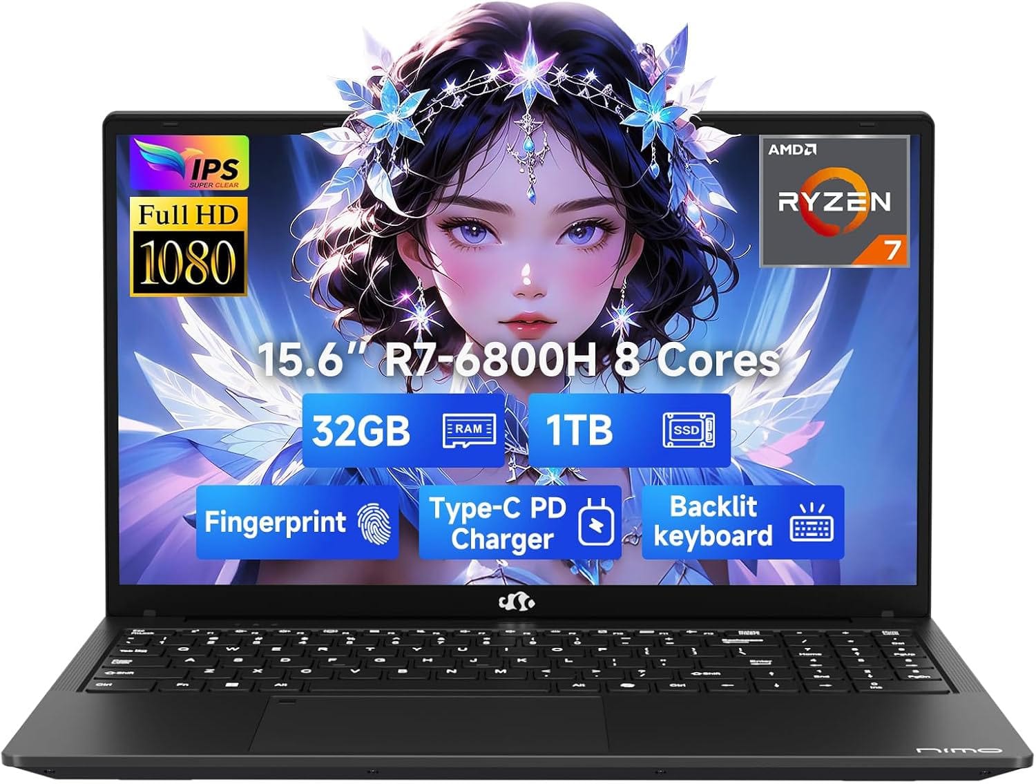 NIMO - 15.6" IPS FHD-Gaming-Laptop, 8 Cores AMD Ryzen 7 6800H 32GB DDR5 RAM 1TB SSD 4.7GHz Fingerprint 100W - Black