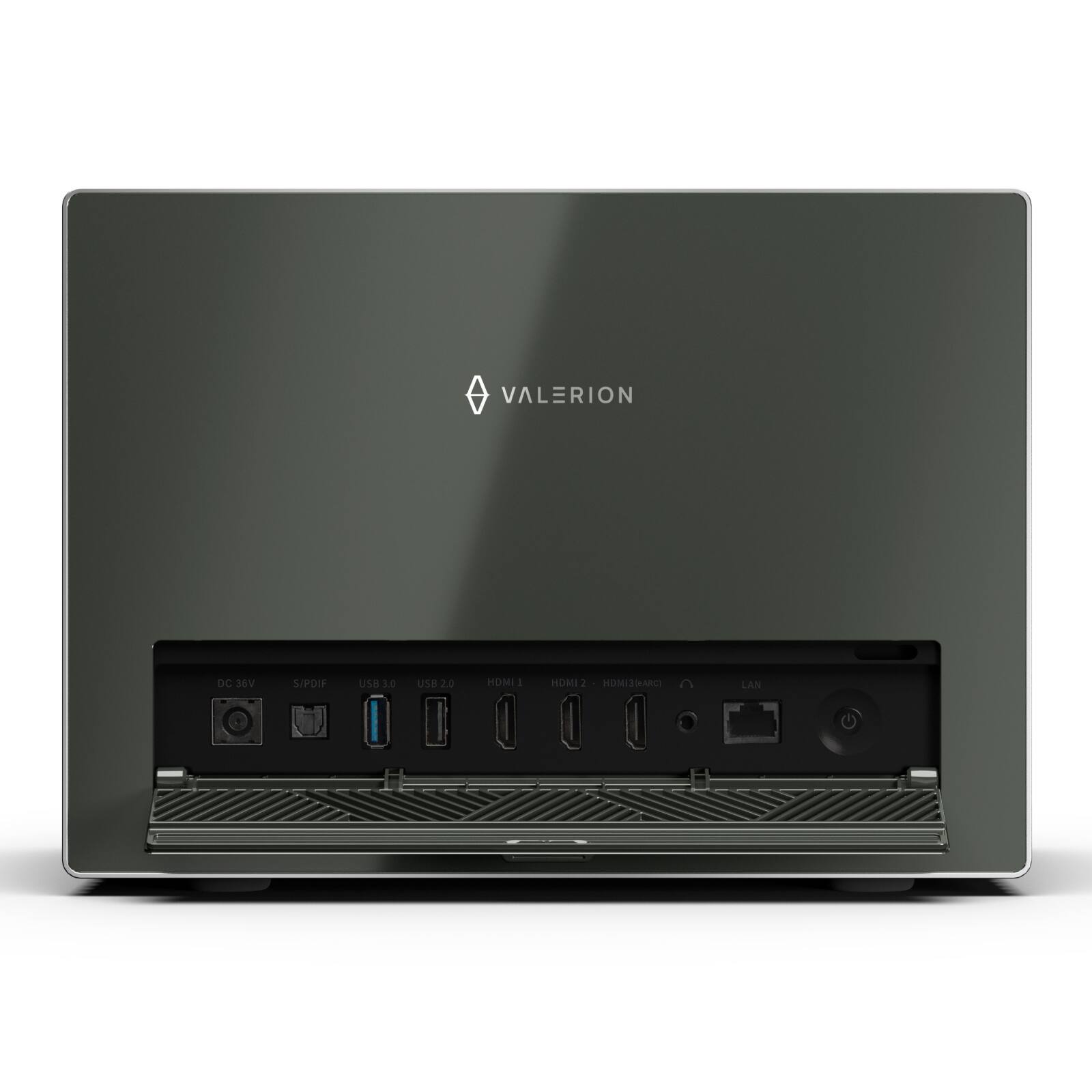 Valerion DC is a laptop computer with a black case and a silver logo. It has a USB 2.0 port and a USB 3.0 port, as well as a LAN port.