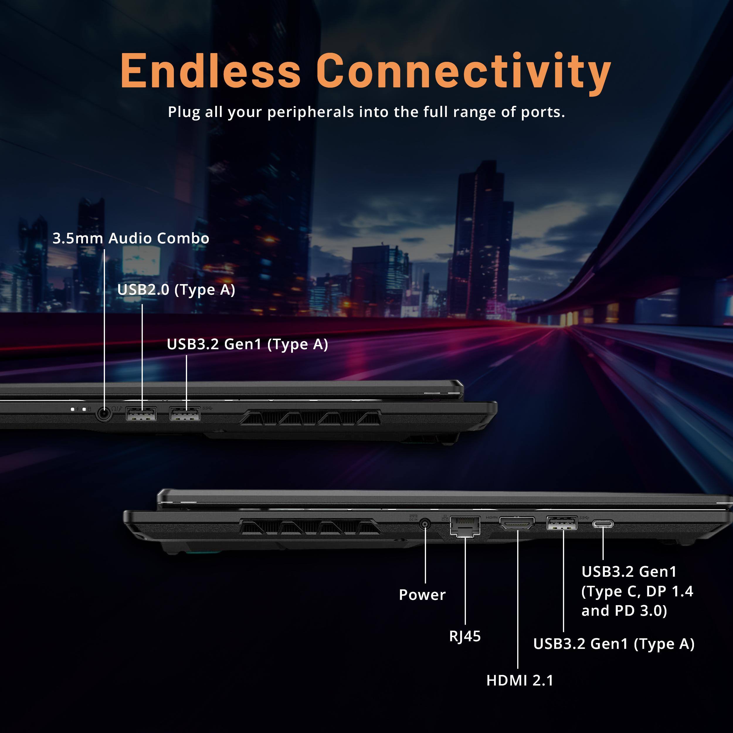 Endless Connectivity  
Plug all your peripherals into the full range of ports.  

- 3.5mm Audio Combo  
- USB2.0 (Type A)  
- USB3.2 Gen1 (Type A)  
- Power  
- RJ45  
- USB3.2 Gen1 (Type C, DP 1.4 and PD 3.0)  
- USB3.2 Gen1 (Type A)  
- HDMI 2.1
