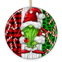 OrnamentallyYou - Green Christmas Gnome Festive Holiday Ceramic Ornament Candy Cane and Plaid - Multi-colored