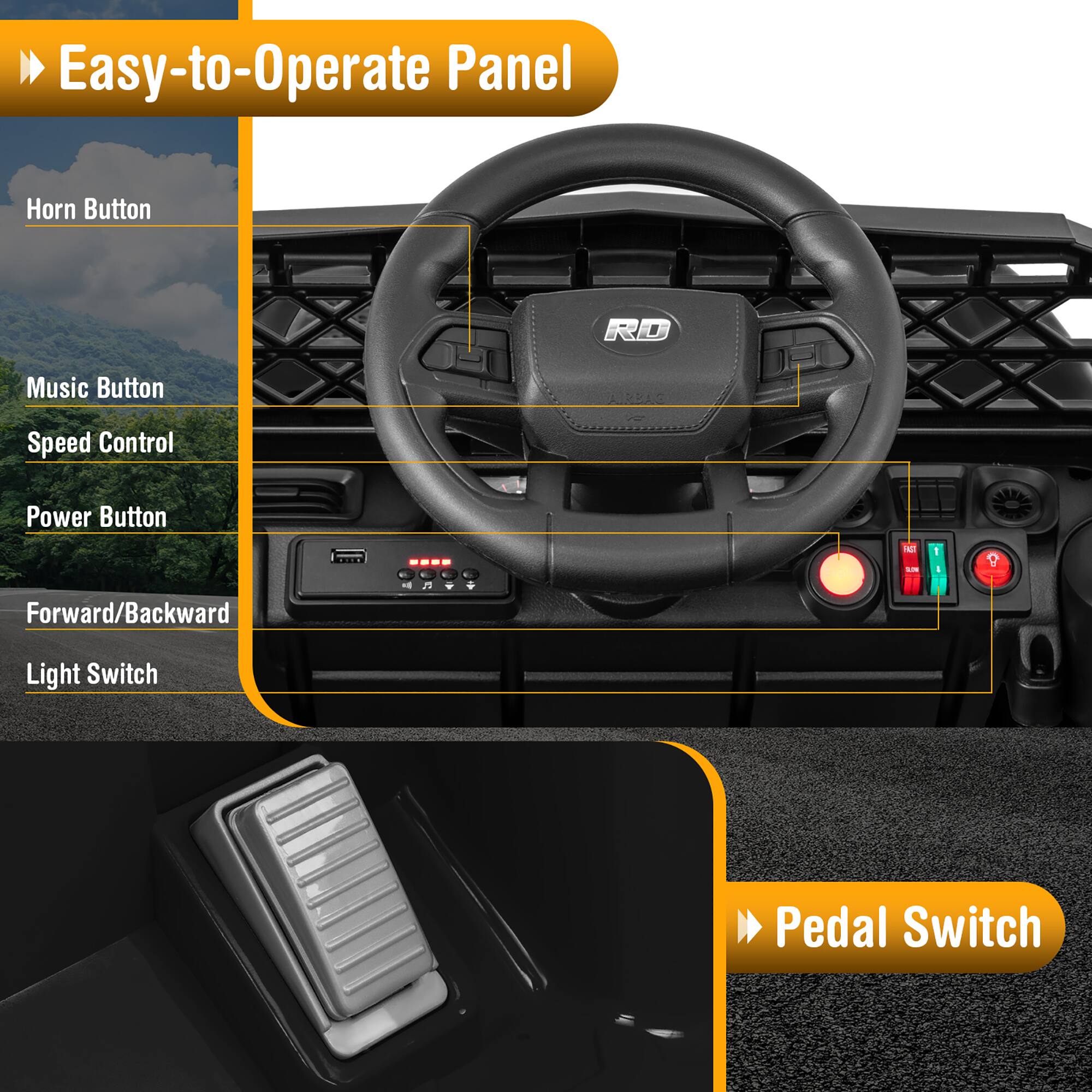 Easy-to-Operate Panel

- Horn Button
- Music Button
- Speed Control
- Power Button
- Forward/Backward Light Switch

Pedal Switch