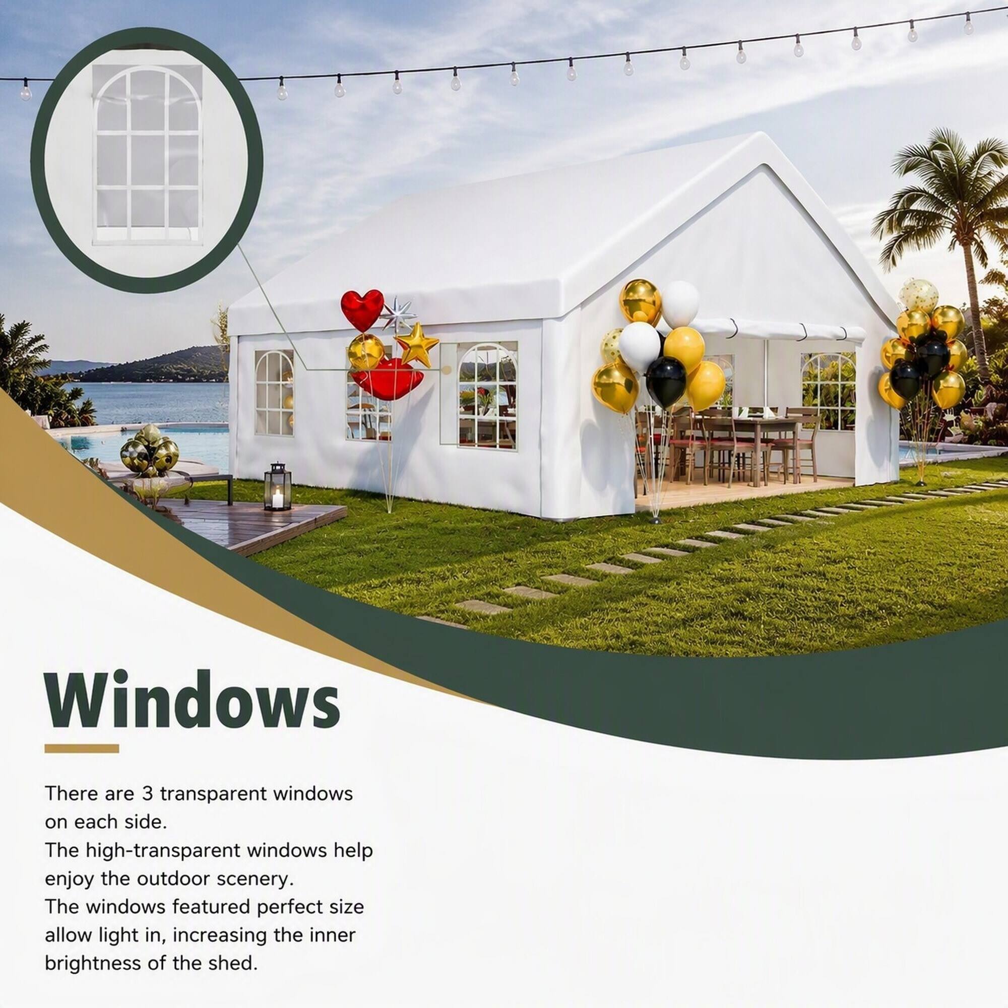 Windows

There are 3 transparent windows on each side. The high-transparent windows help enjoy the outdoor scenery. The windows featured perfect size allow light in, increasing the inner brightness of the shed.