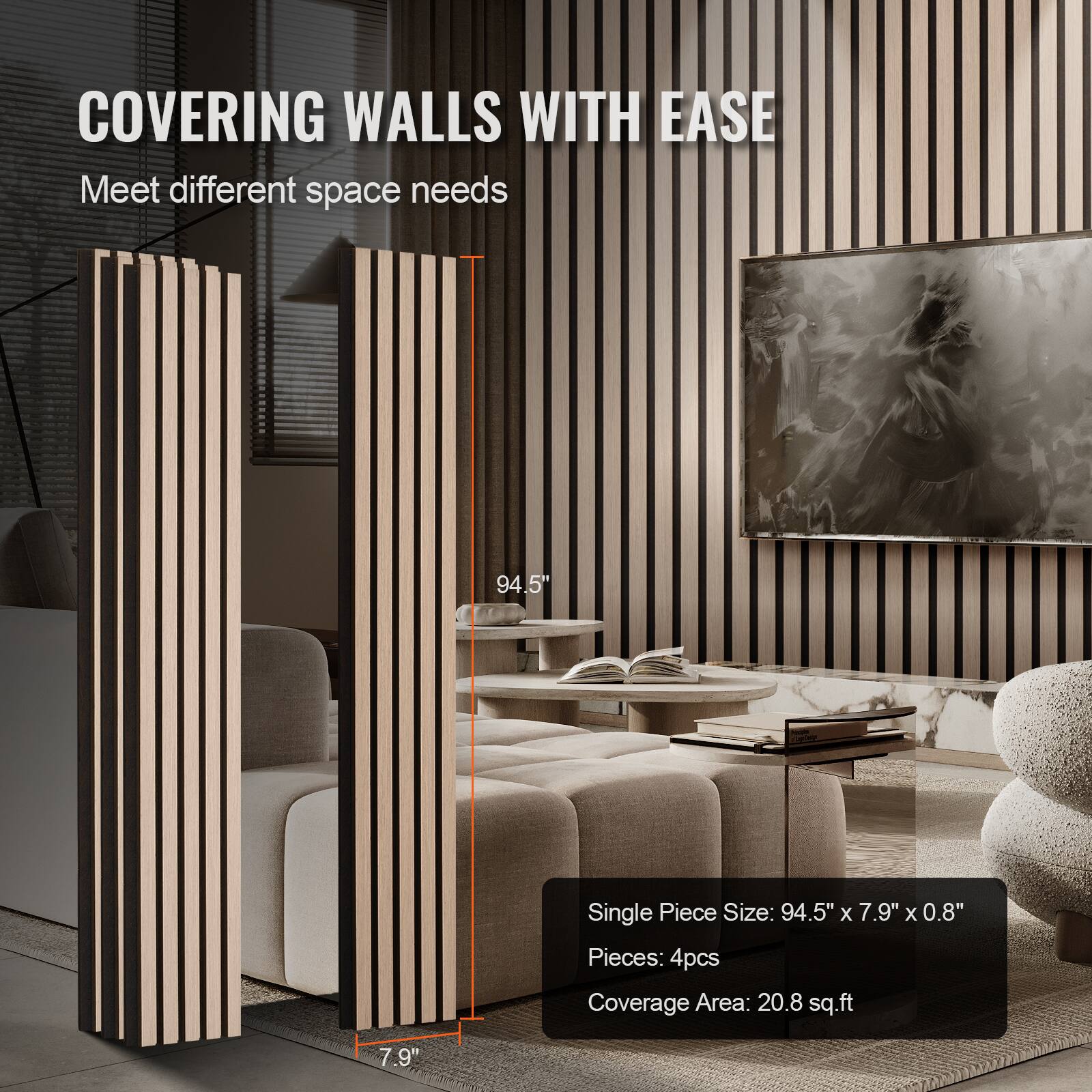 COVERING WALLS WITH EASE  
Meet different space needs  

Single Piece Size: 94.5" x 7.9" x 0.8"  
Pieces: 4pcs  
Coverage Area: 20.8 sq.ft