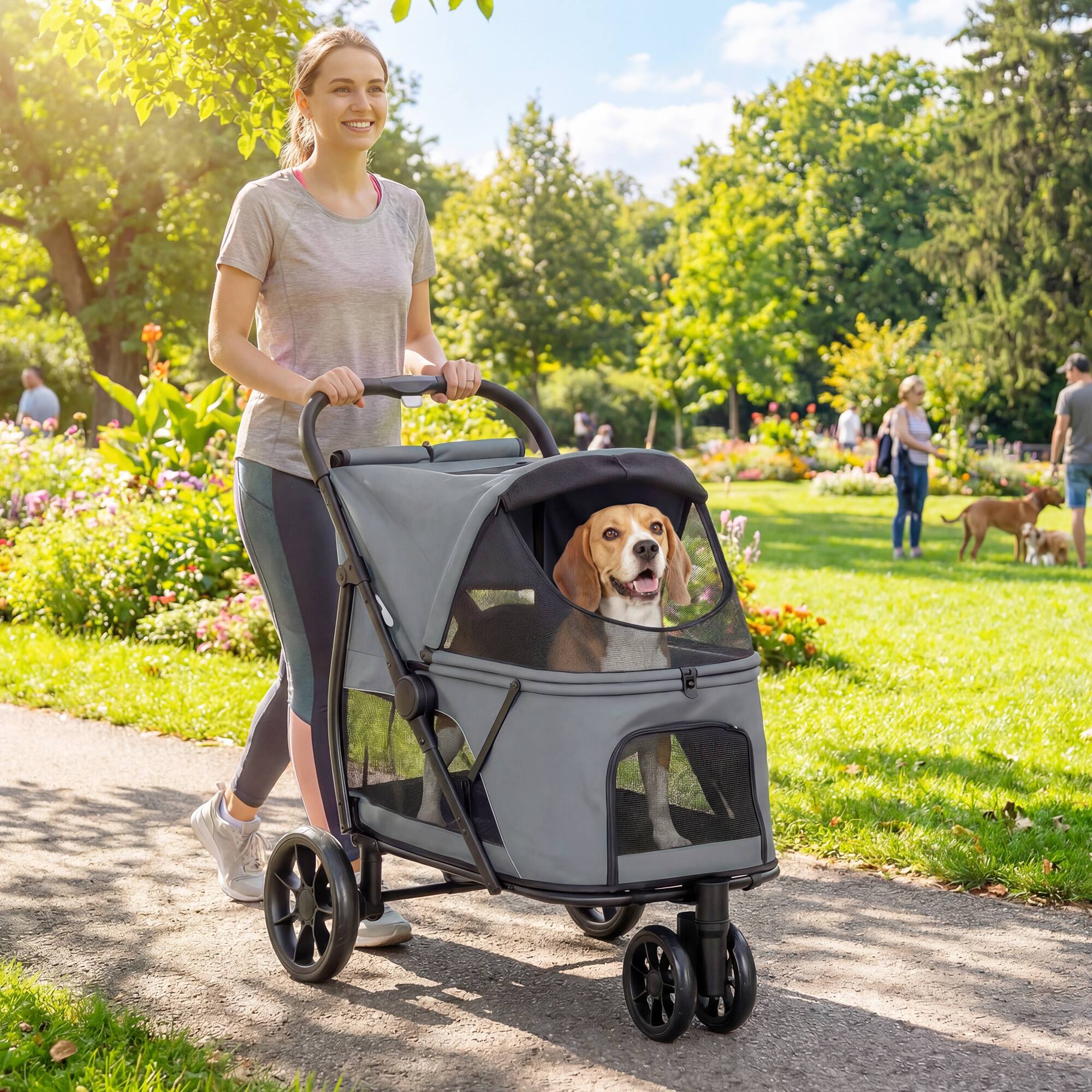 Alt View 1. Pawhut - Wheel Pet Stroller with Easy One-Click Quick Fold, Mesh Window, Washable Cushion - Gray.