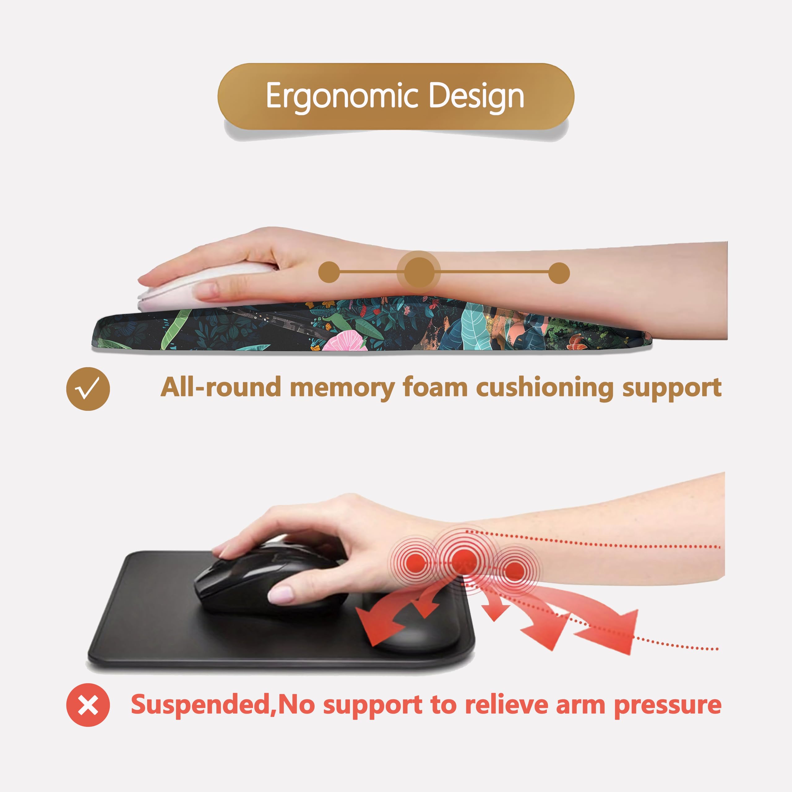 Ergonomic Design

- All-round memory foam cushioning support
- Suspended, No support to relieve arm pressure