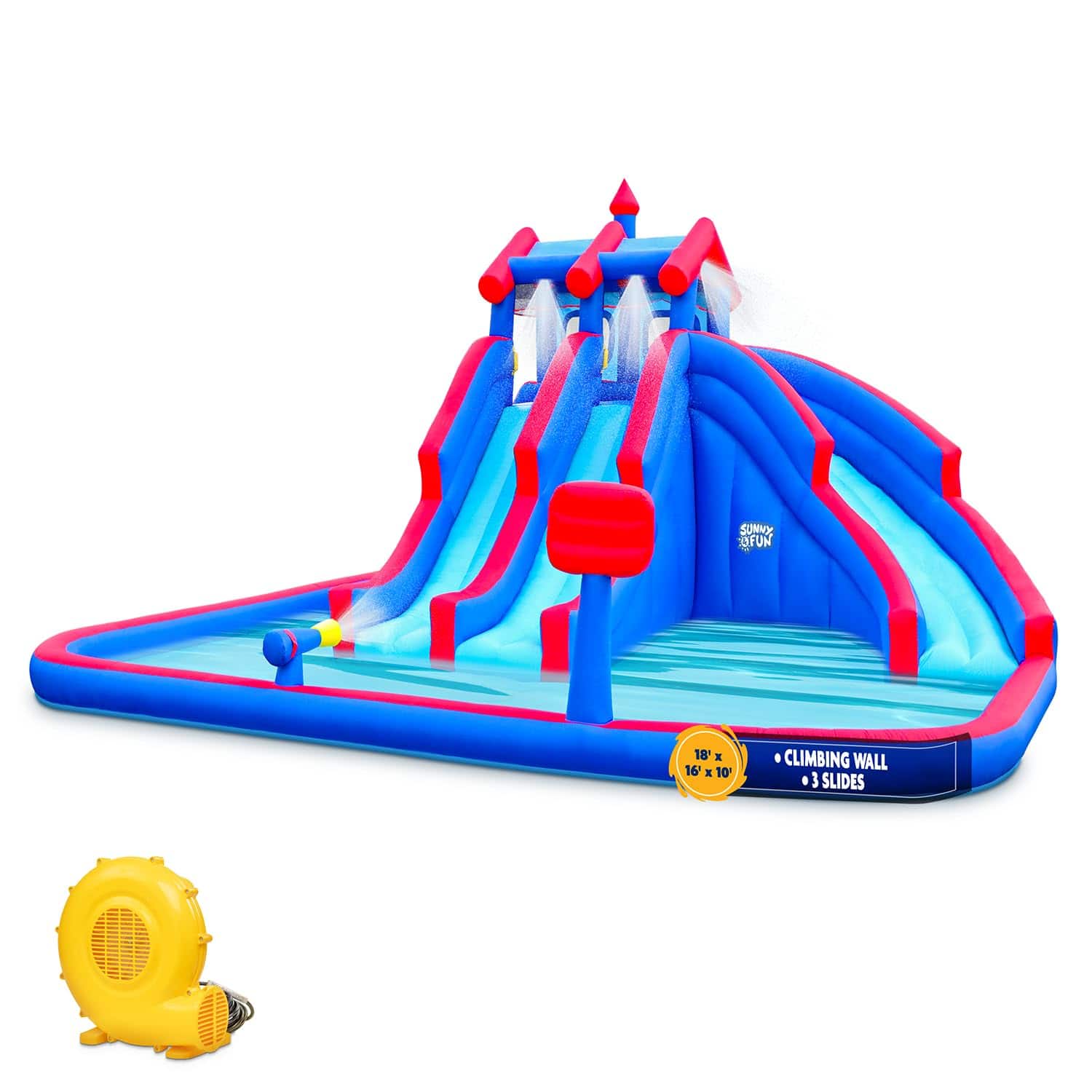 Sunny & Fun - Mega Sport Inflatable Water Slide Park W/Climbing Wall, Triple Slide & Pool