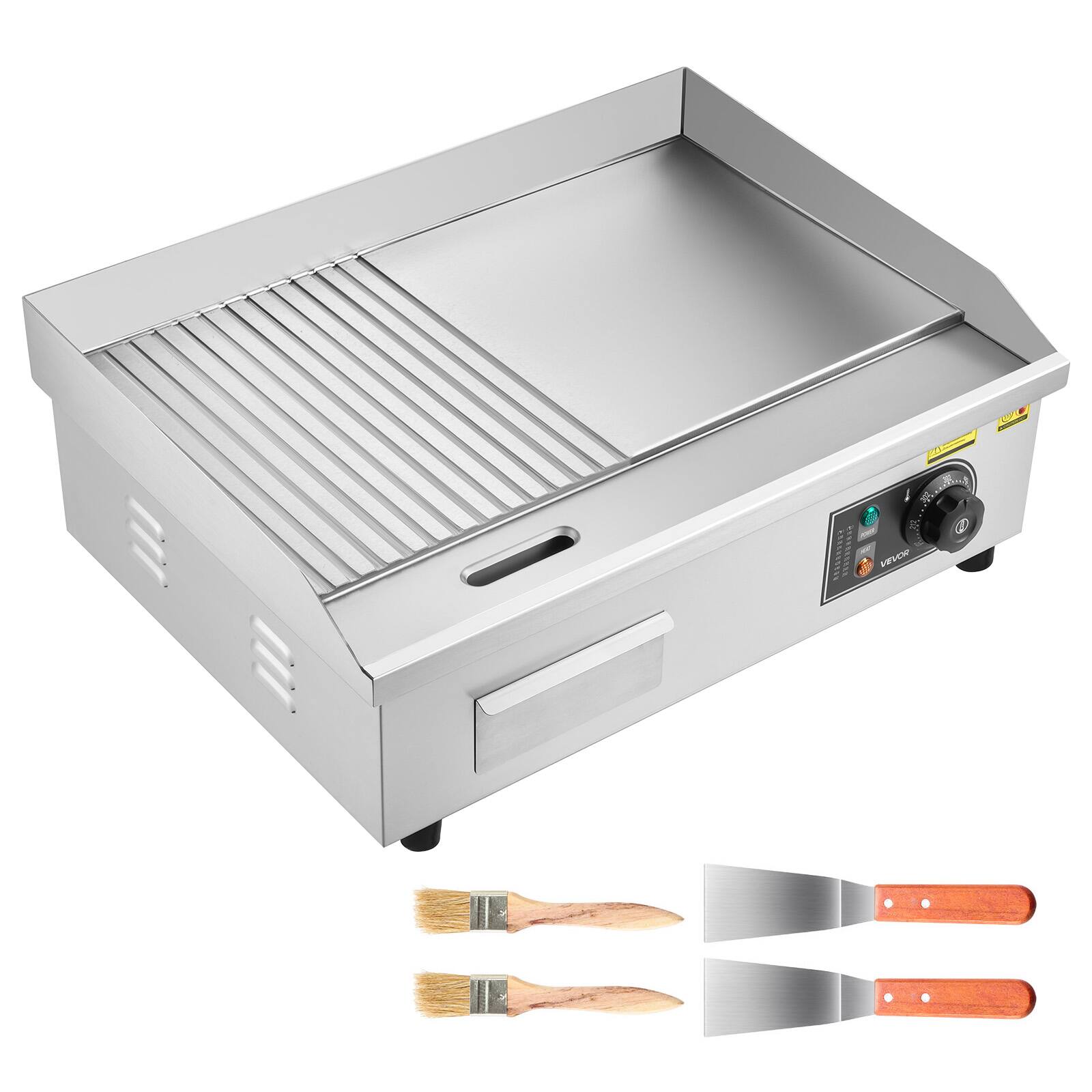 Alt View 5. VEVOR - Commercial Electric Griddle, 21.06 x 11.81 inch, 1750W, 122-570°F Adjustable Temp Control, Stainless Steel Body - Silver.