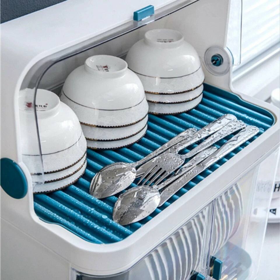 Left. Home Collection - 2-Tier Dish Drying Rack with Lid Cover and Cup Holder - Clear Lid with White or Blue Rack.