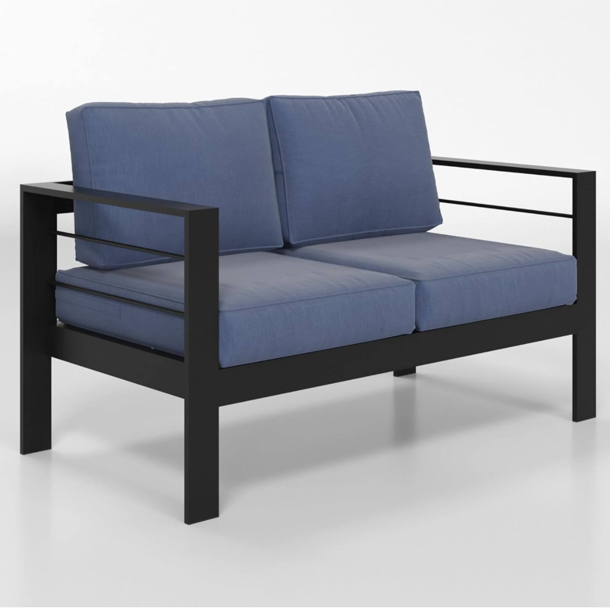 Back. Mondawe - 50" All-Weather Aluminum Patio Loveseat with Cushions - Black+Blue.