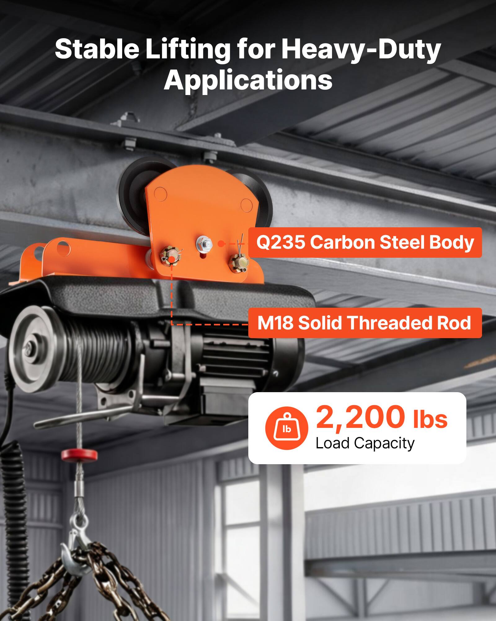 Stable Lifting for Heavy-Duty Applications  
Q235 Carbon Steel Body  
M18 Solid Threaded Rod  
2,200 lbs Load Capacity