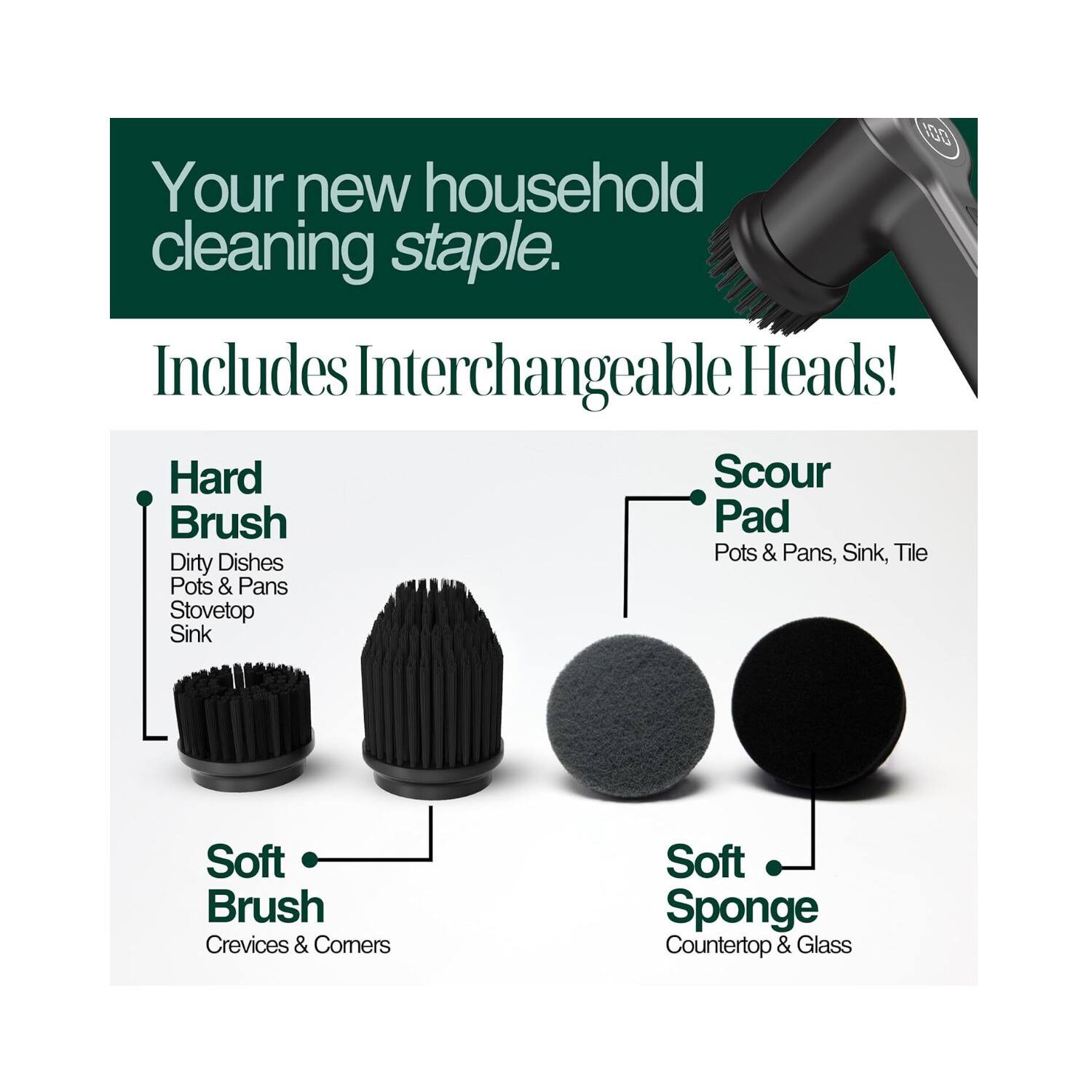 Your new household cleaning staple. Includes Interchangeable Heads! Hard Brush: Dirty Dishes, Pots & Pans, Stovetop, Sink. Scour Pad: Pots & Pans, Sink, Tile. Soft Brush: Crevices & Corners. Soft Sponge: Countertop & Glass.