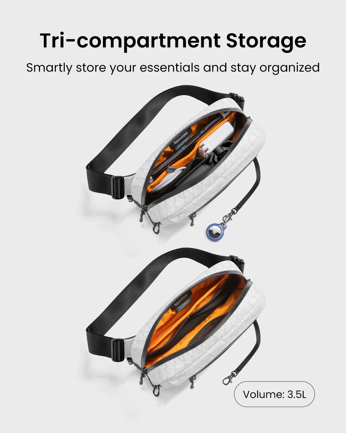 Tri-compartment Storage Smartly store your essentials and stay organized tomtoe um tomtoc ~ Volume: 3.5L