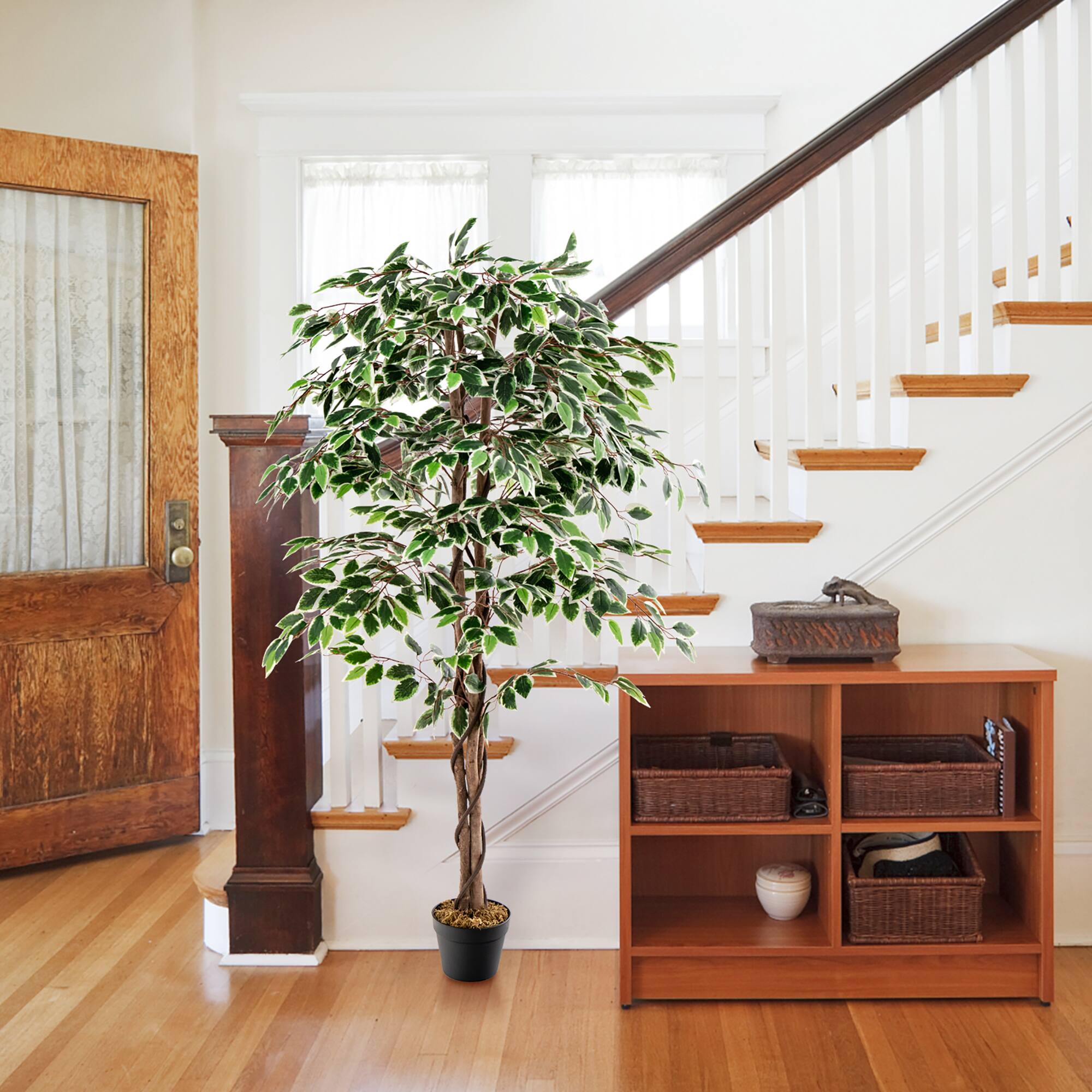 Alt View 4. Gymax - Gymax Artificial Ficus Tree Tall Faux Indoor Plant w/ 1008 Leaves Natural Wood Trunk - Green.