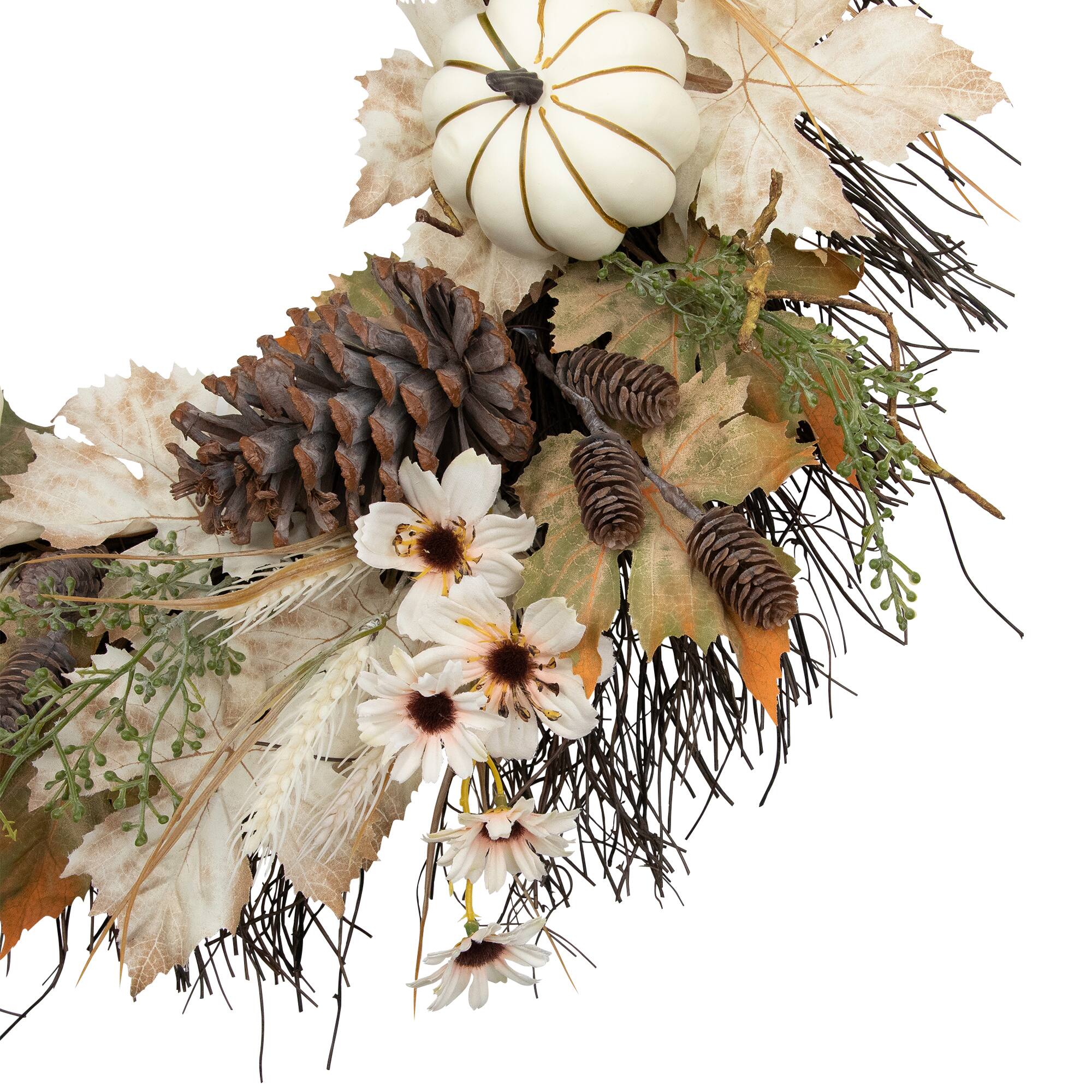 Alt View 5. Northlight - Pumpkin, Wheat and Pinecone Artificial Floral Fall Harvest Wreath - 24" - Ivory.