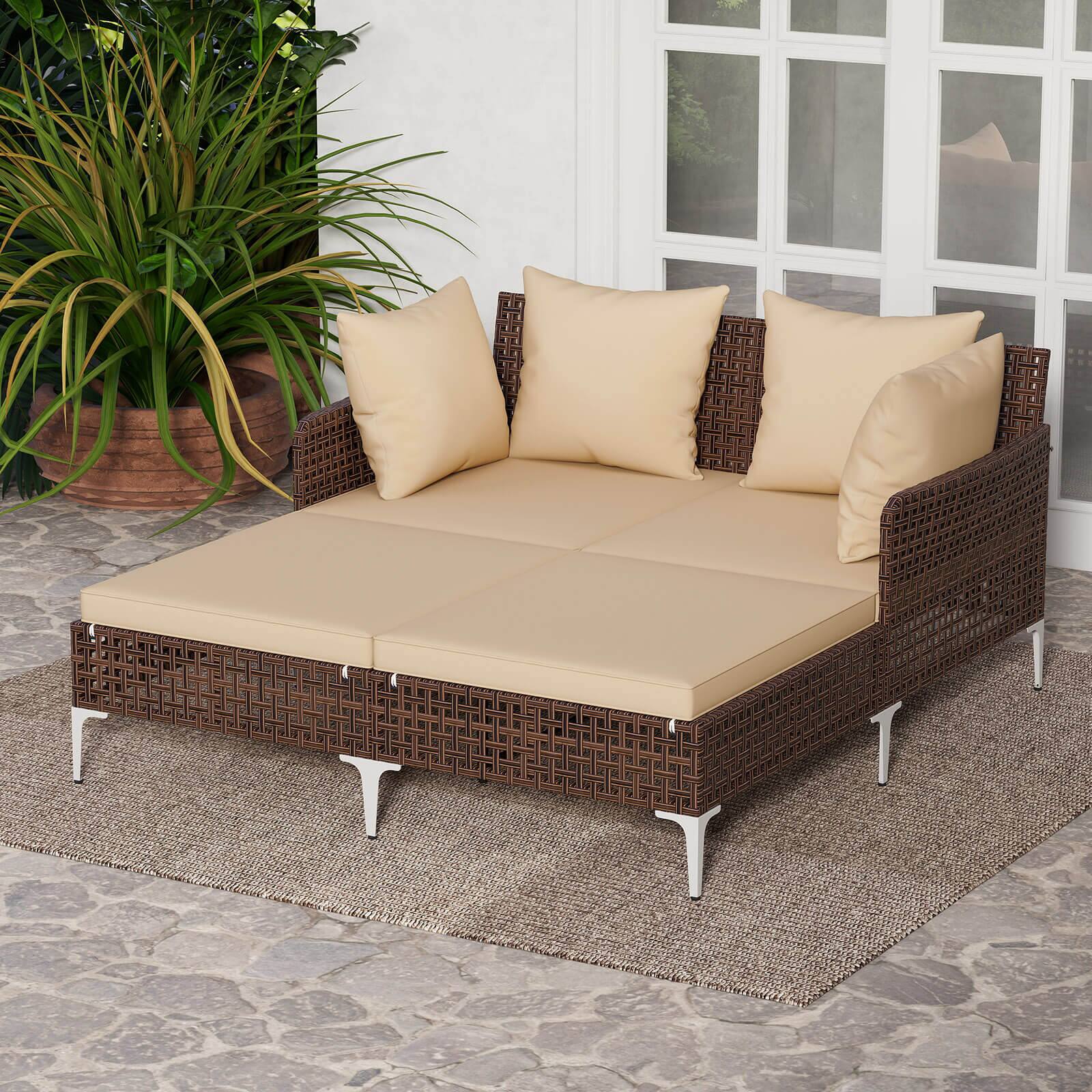Alt View 3. Costway - Costway Outdoor Patio Daybed PE Rattan Sunbed with Sponged-Filled Pillows and Cushions - Brown.