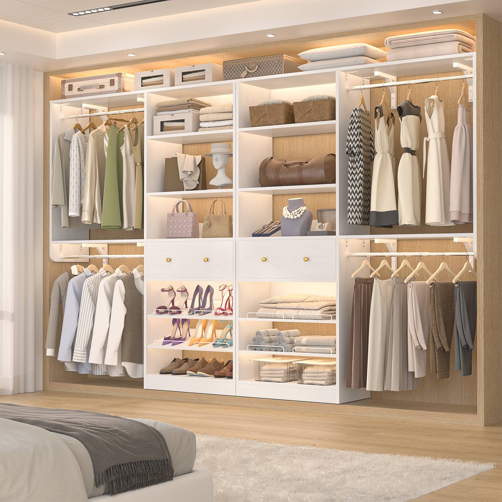 Angle. Aheaplus - Reversible 5FT Wood Closet Organizer System with Drawer, 2 Hanging Rods, and Adjustable Shelf, Wall Mounted - White.