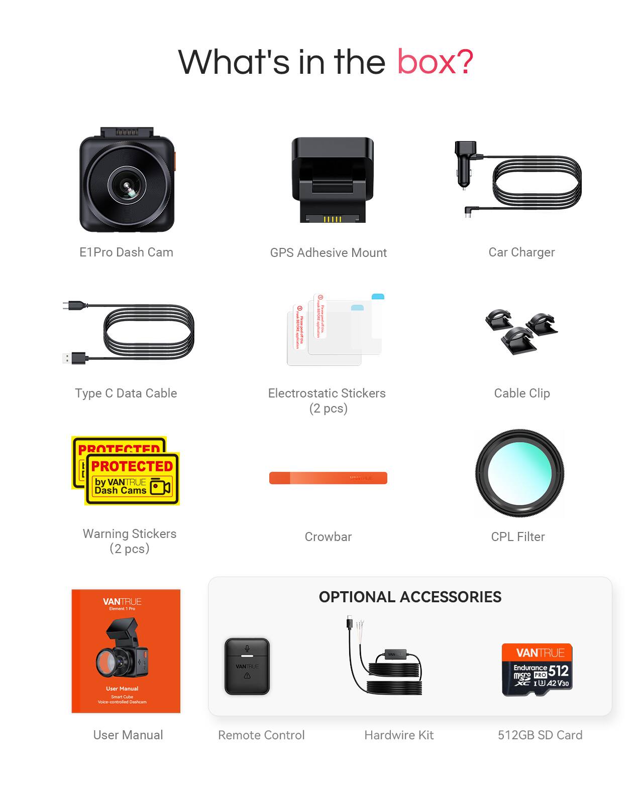 What's in the box?

- E1Pro Dash Cam
- GPS Adhesive Mount
- Car Charger
- Type C Data Cable
- Electrostatic Stickers (2 pcs)
- Cable Clip
- Warning Stickers (2 pcs)
- Crowbar
- CPL Filter

OPTIONAL ACCESSORIES

- User Manual
- Remote Control
- Hardwire Kit
- 512GB SD Card
