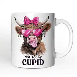 OrnamentallyYou - Valentines Highland Cow Mug, Not Today Cupid Funny Cow Lover Gift - White