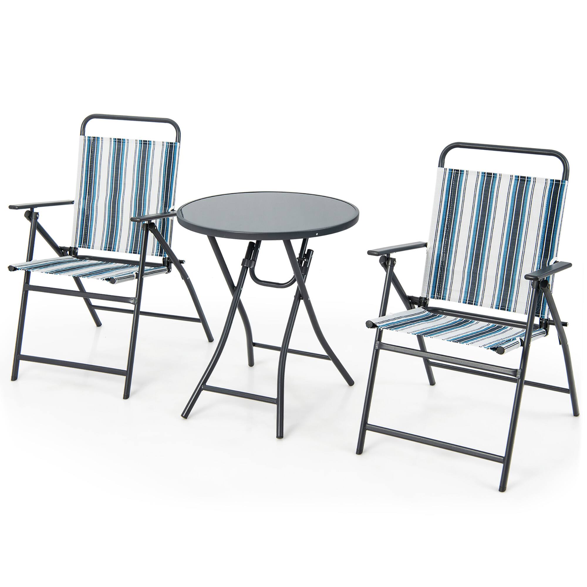 Alt View 1. Gymax - Gymax 3 Pieces Patio Folding Chair Set w/ 2 Chairs & Glass Round Coffee Table Porch Deck Backyard - Black, Blue, White.