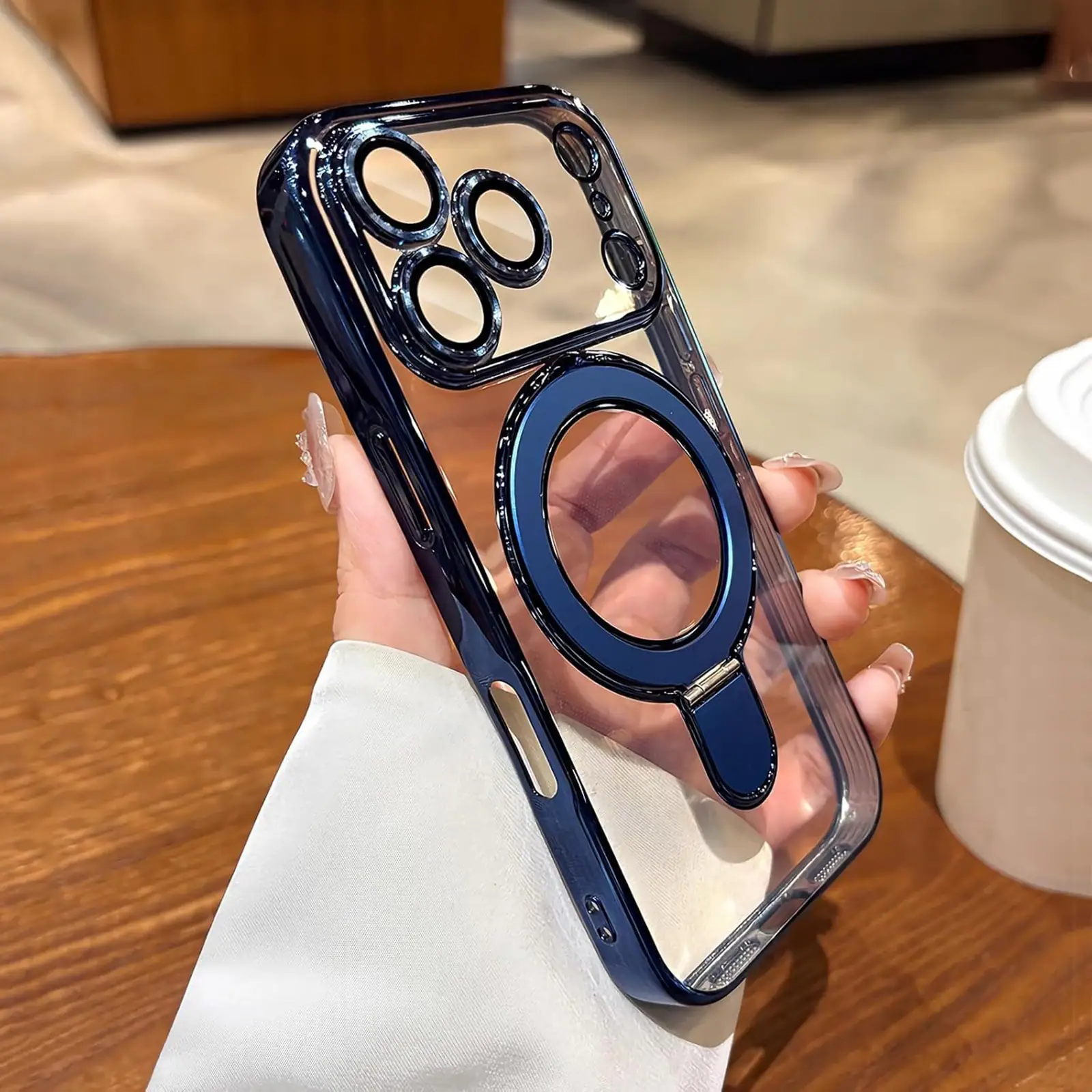 Left. UUCOVER - Magnetic Case for Apple iPhone 17 Pro,Shockproof TPU+PC Clear Case Ring Stand Compatible with MagSafe Camera Lens Cover - Darkblue.
