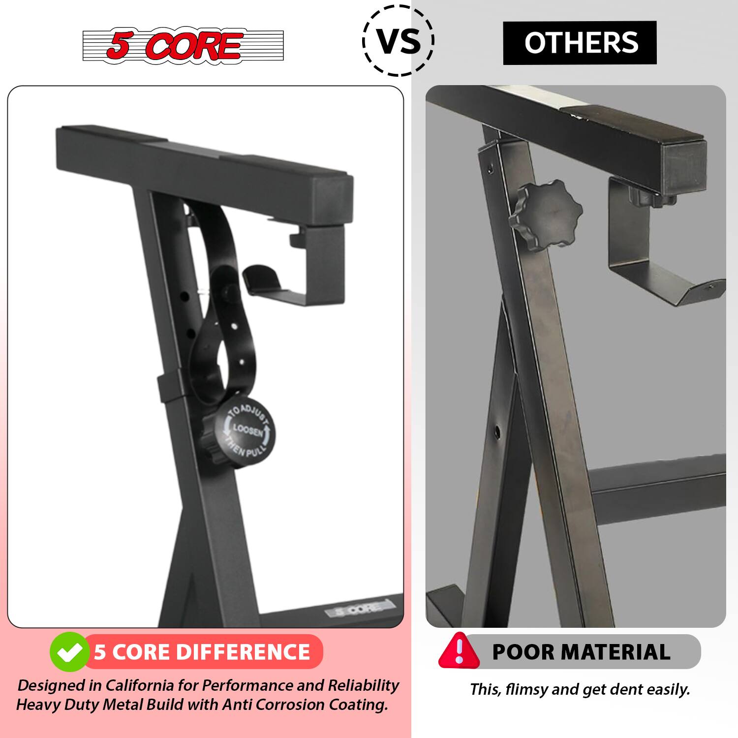 5 CORE vs OTHERS

5 CORE DIFFERENCE
Designed in California for Performance and Reliability
Heavy Duty Metal Build with Anti Corrosion Coating.

POOR MATERIAL
This, flimsy and get dent easily.