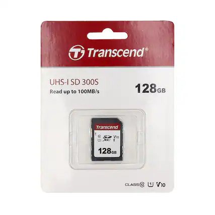 Transcend
UHS-I SD 300S
Read up to 100MB/s
128GB
CLASS 10
U1
V10