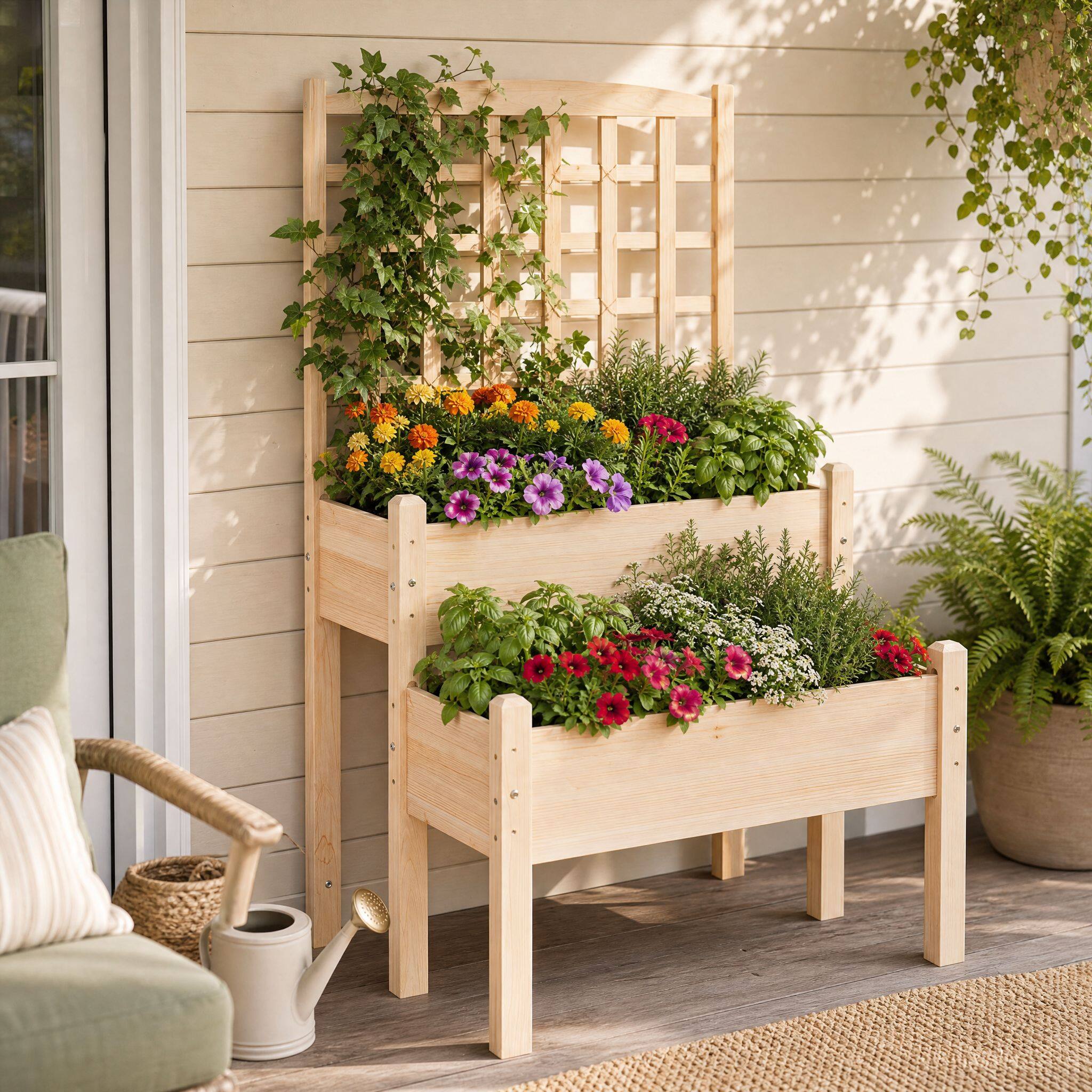 Alt View 1. Costway - Costway Outdoor Wooden Raised Garden Bed, 2-Tier Vertical Planter - Natural.